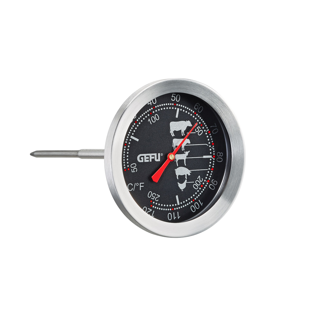 GEFU Fleischthermometer für präzises Kochen Rundes GEFU Fleischthermometer mit Skala und Symbolen für verschiedene Fleischsorten