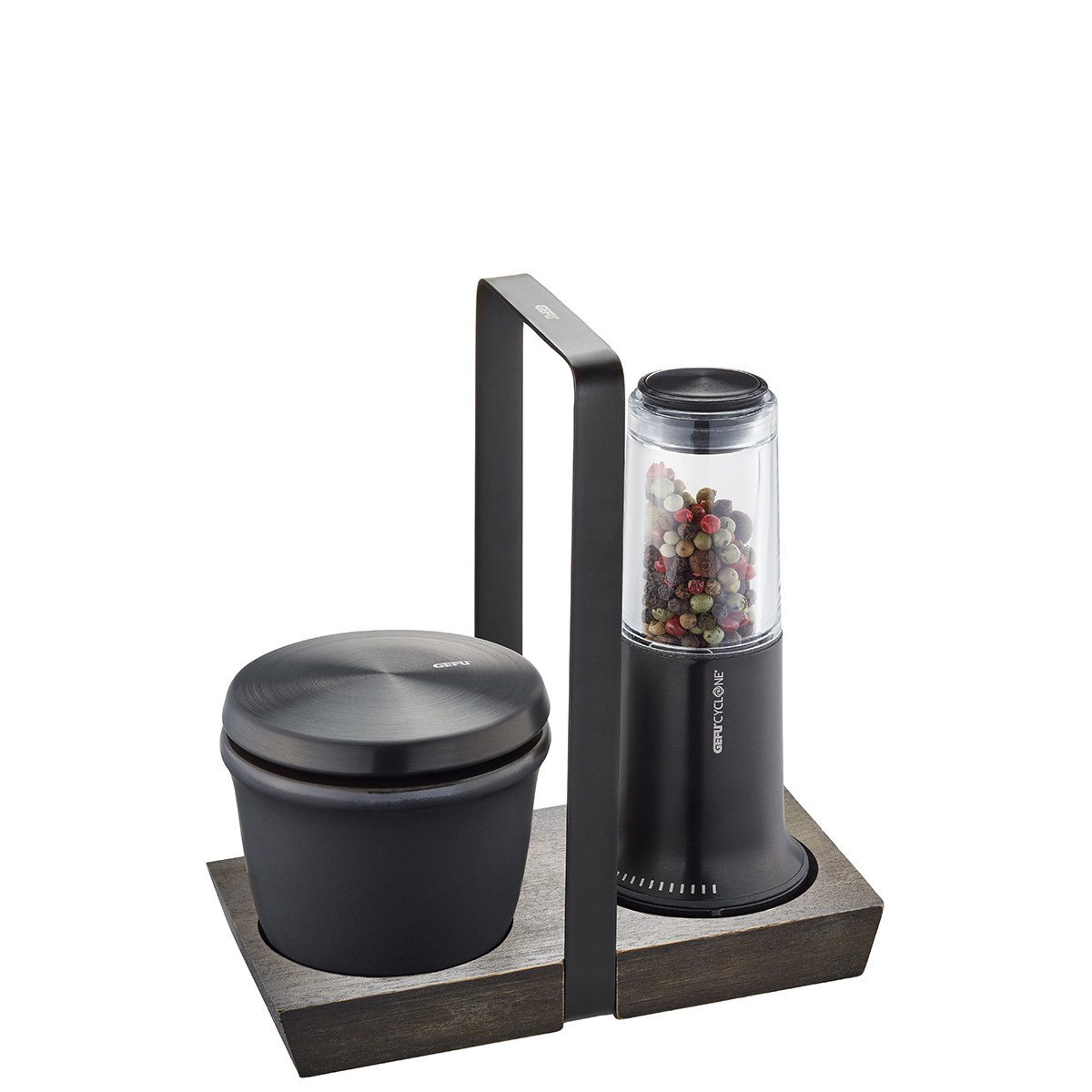 Stilvolles Gewürzset mit Mühle und Vorratsbehälter Modernes Gewürzset mit Pfeffermühle und Behälter auf Holztablett.