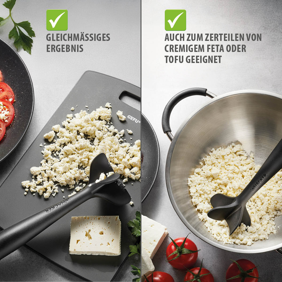 Schwarzfarbiger Zerhacker zerteilt Feta auf Schneidebrett und in Schüssel, umgeben von Tomaten.