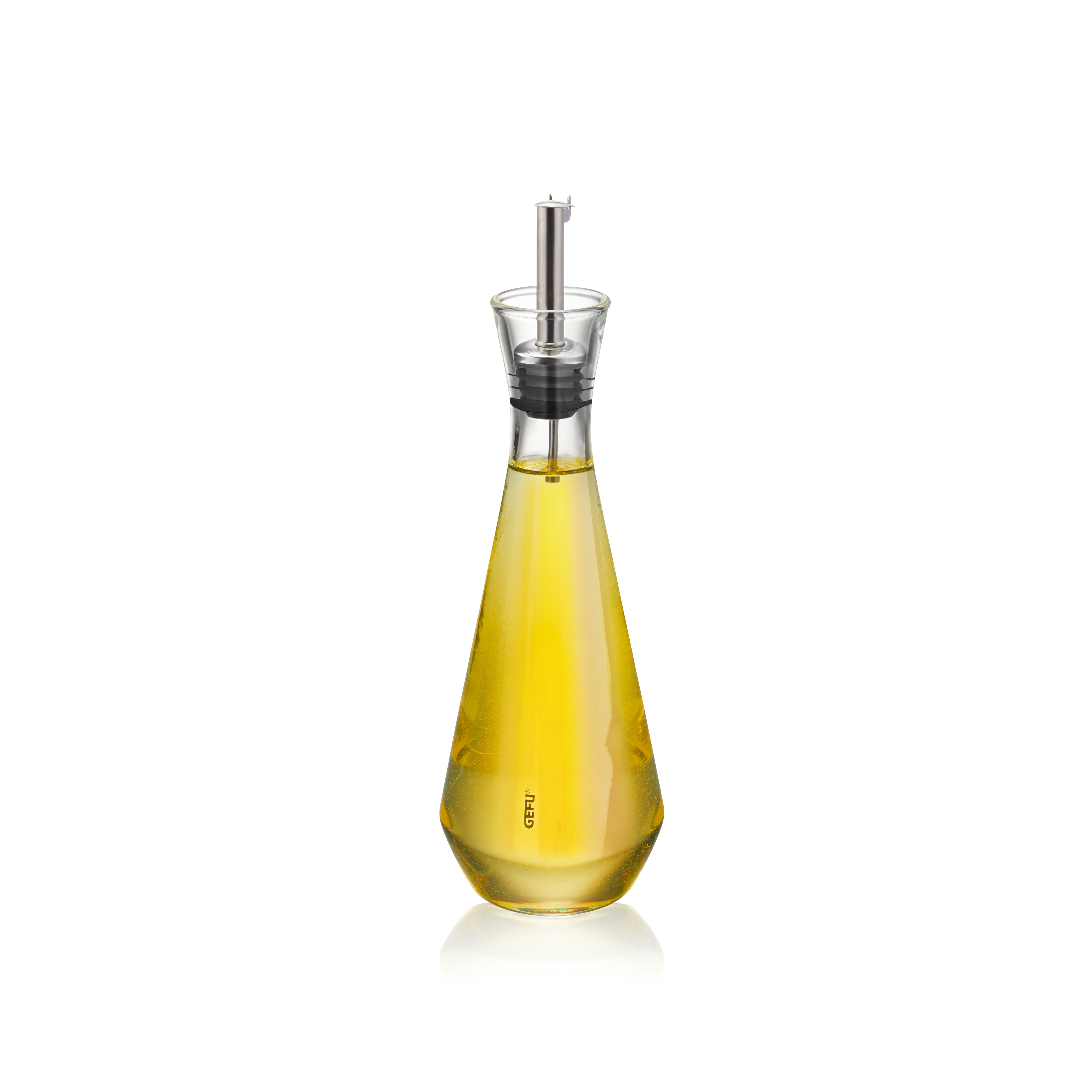 Elegante Ölflasche mit Ausgießer, ideal für Küche und Esstisch Glasölflasche mit Metallausgießer, gefüllt mit gelbem Öl