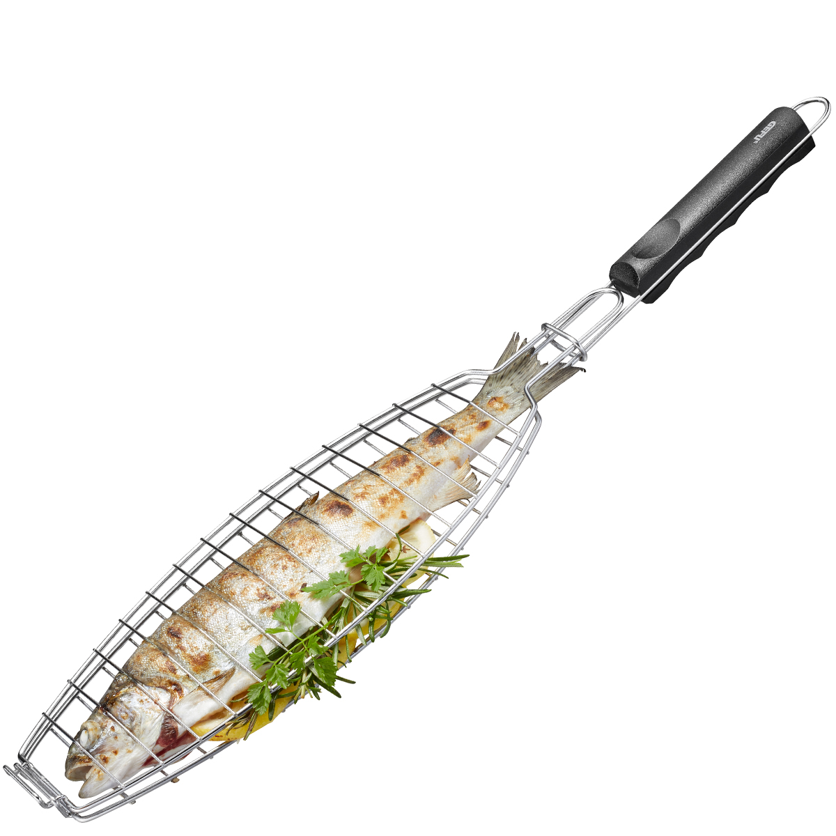 Grillkorb für Fisch mit ergonomischem Griff Ein Fisch in einem Grillkorb mit ergonomischem Griff, umgeben von frischen Kräutern, bereit zum Grillen.