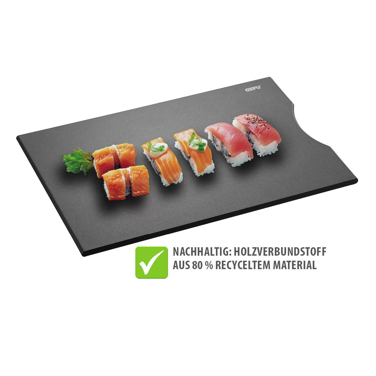 Schneidebrett aus 80% recyceltem Holzverbundstoff präsentiert Sushi-Arrangement