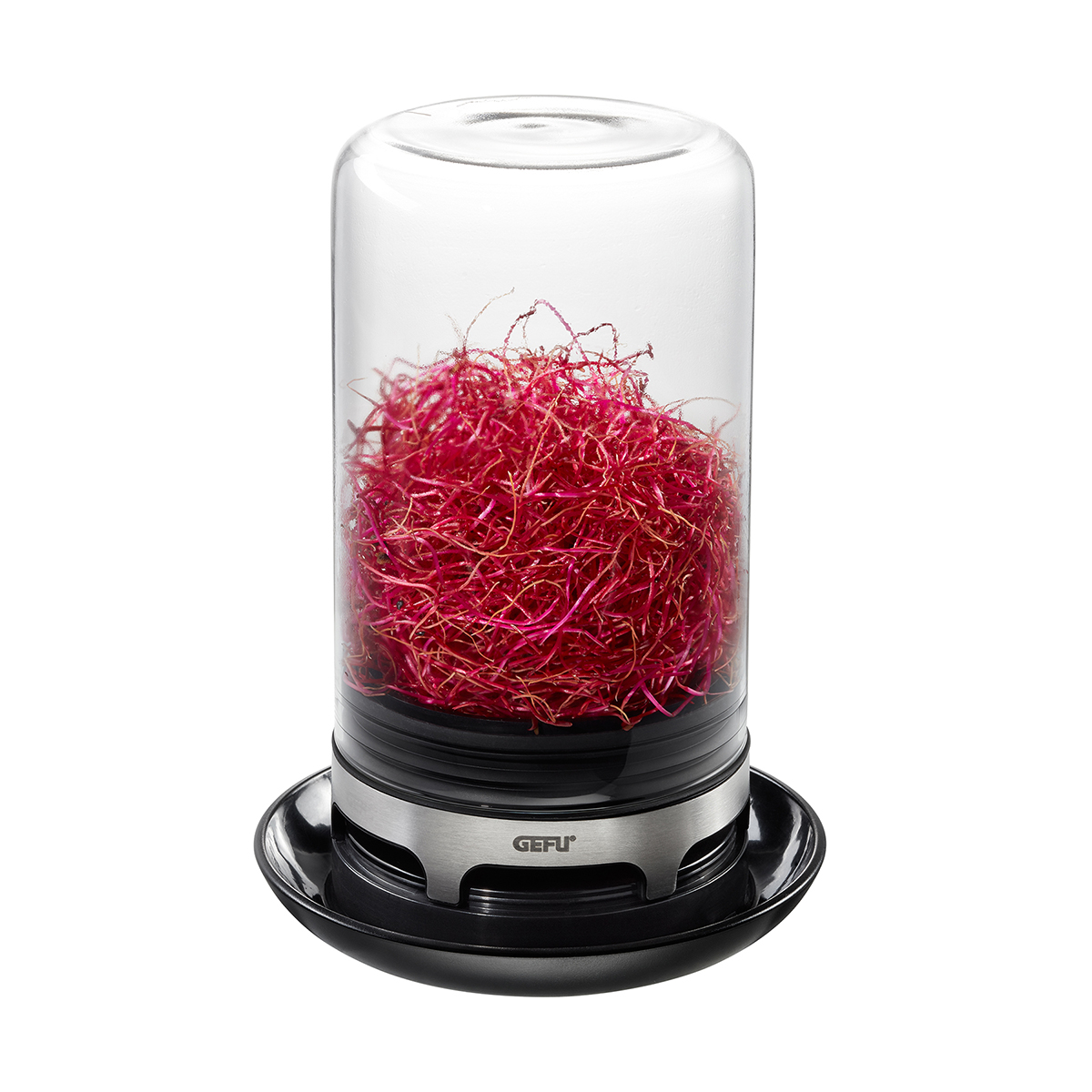 Design-Gewürzständer mit Glasgefäß und pinken Fäden Ein stylischer Gewürzständer mit einem Glasgefäß, das pinkfarbene Gewürzfäden enthält