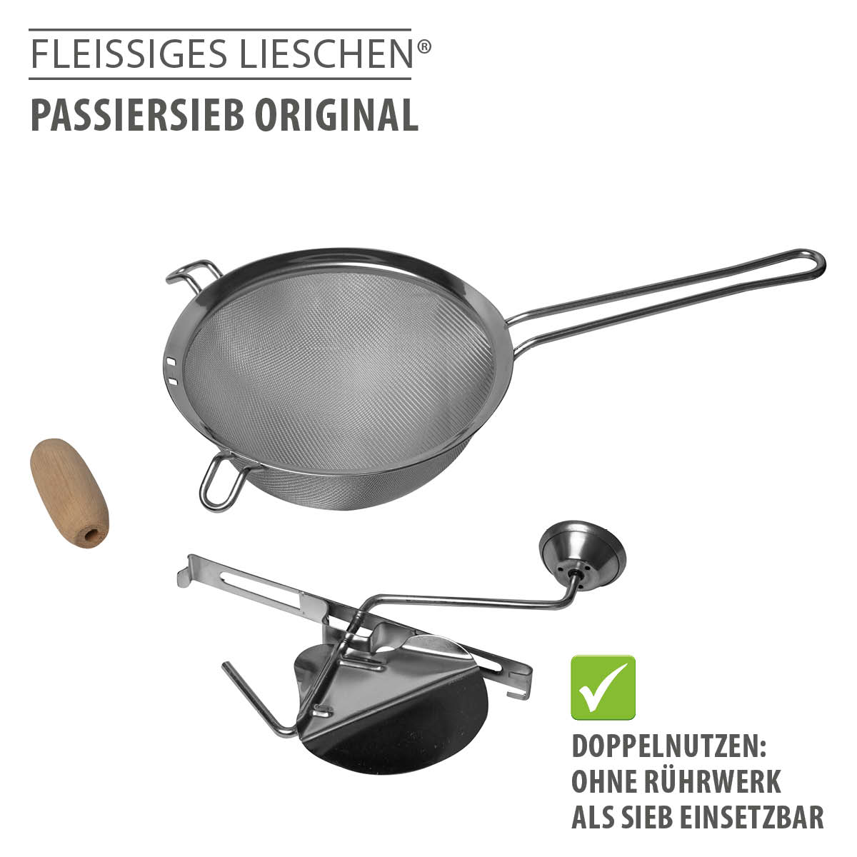 Passiersieb Original von Fleißiges Lieschen aus Edelstahl, in Einzelteilen dargestellt, vielseitig einsetzbar ohne Rührwerk