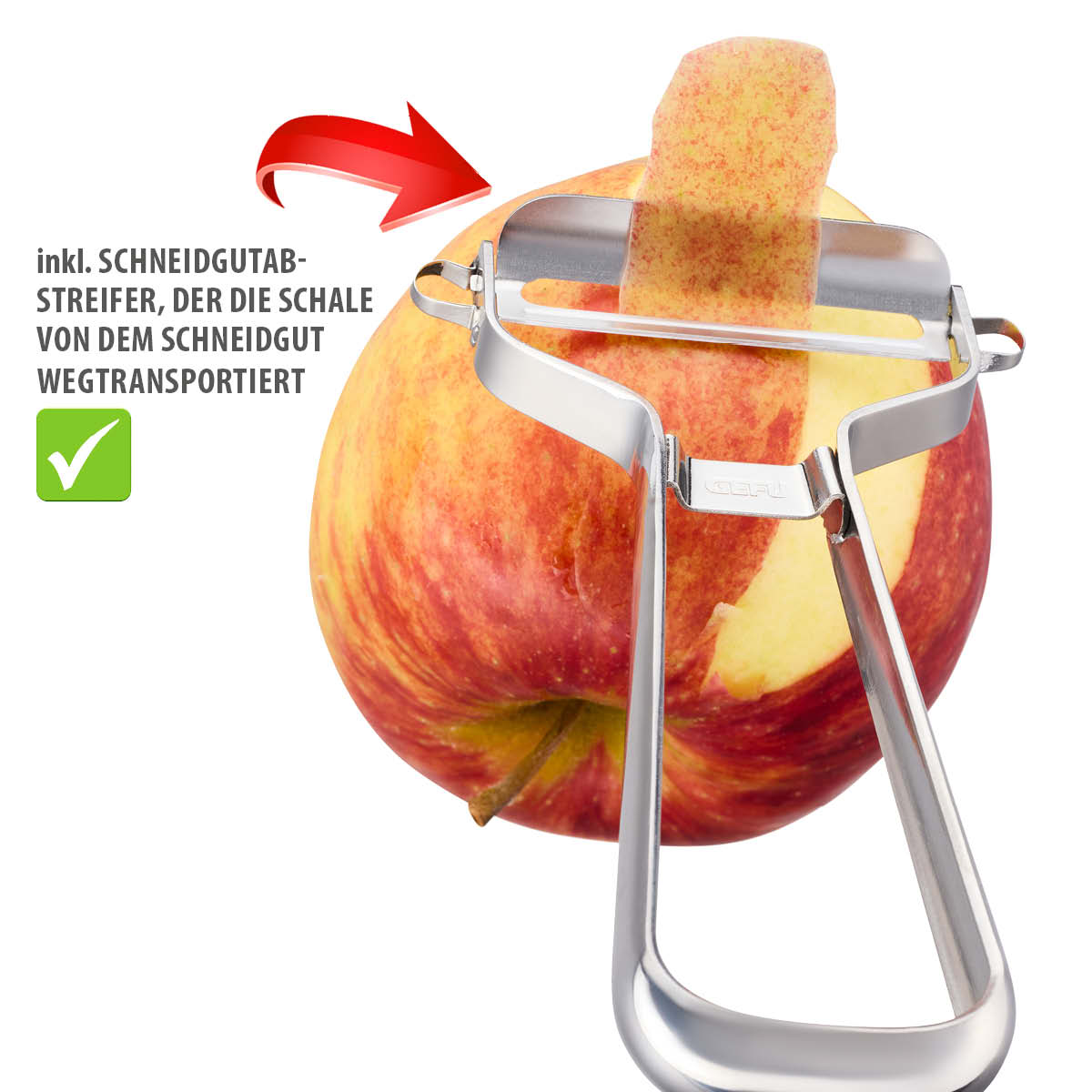 Ein Apfelschäler schält einen Apfel, während ein integrierter Schneidgutabstreifer die Schale entfernt.