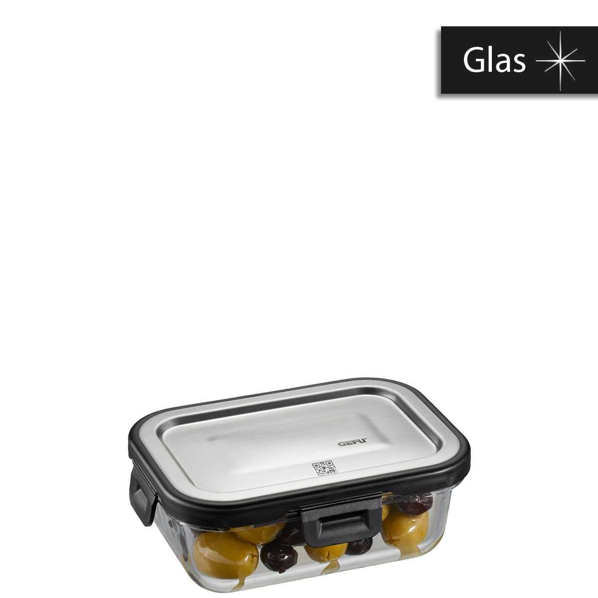 Hochwertige Glas-Frischhaltedose mit Edelstahl-Deckel Rechteckige Glas-Frischhaltedose mit transparentem Gehäuse und silbernem Edelstahl-Deckel, gefüllt mit Oliven