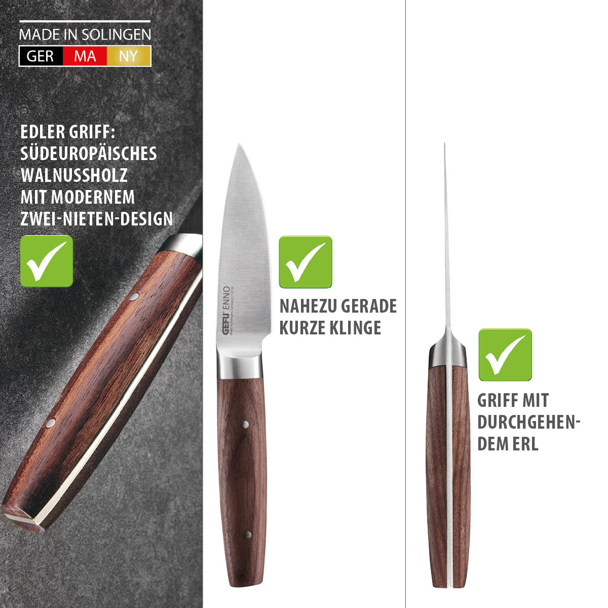 Kochmesser mit edlem Walnussholzgriff und kurzer Klinge - Made in Solingen Moderner Küchenmesser mit Walnussholzgriff, kurzer Klinge, produziert in Solingen