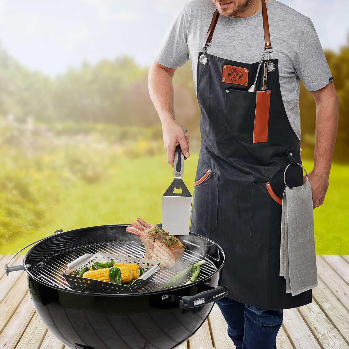 Grillschürze BBQ mit Leder & Taschen, verstellbar