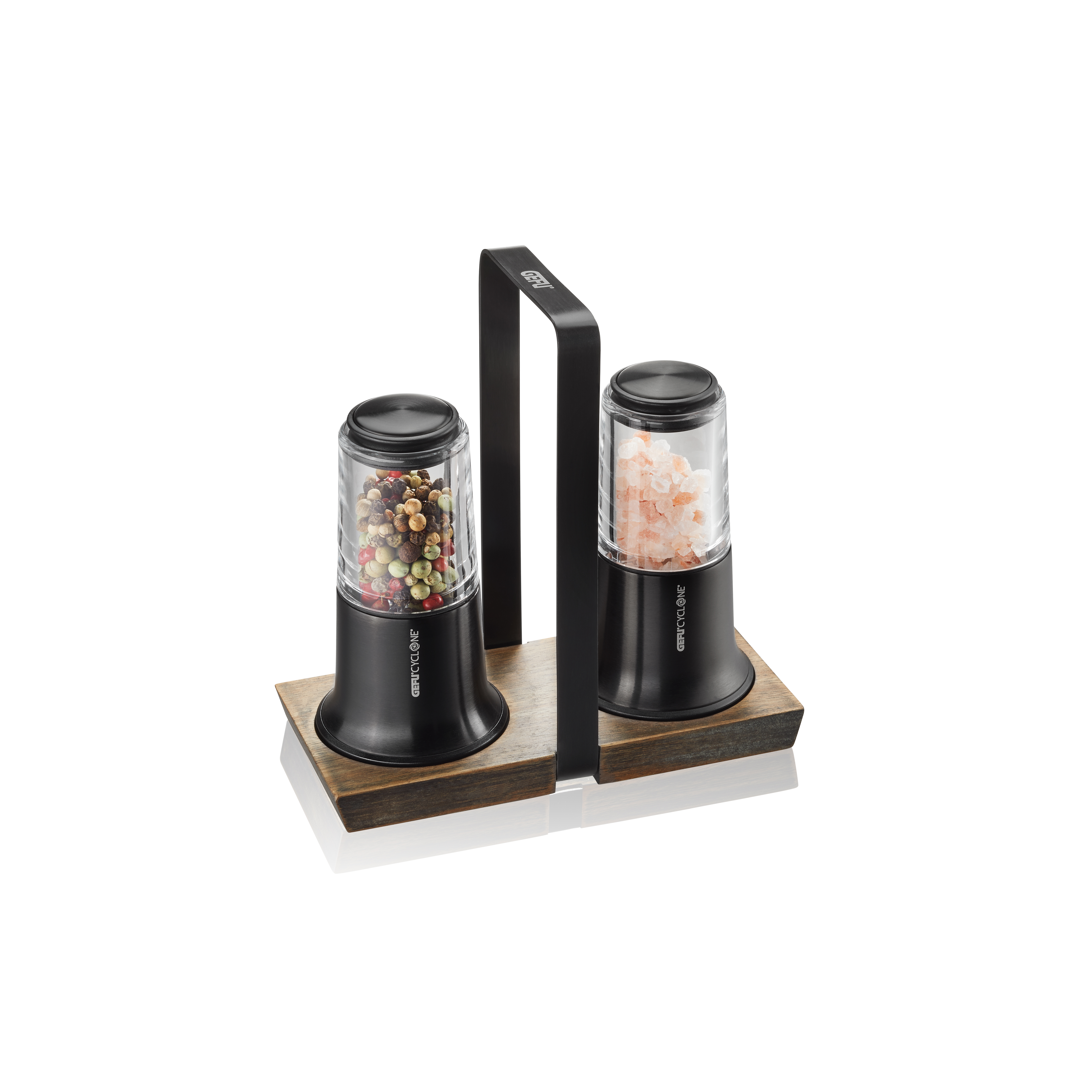 Elegantes Salz- und Pfeffermühlenset mit Ständer Ein modernes Salz- und Pfeffermühlenset mit schwarzem Ständer aus Holz, gefüllt mit Himalayasalz und buntem Pfeffer