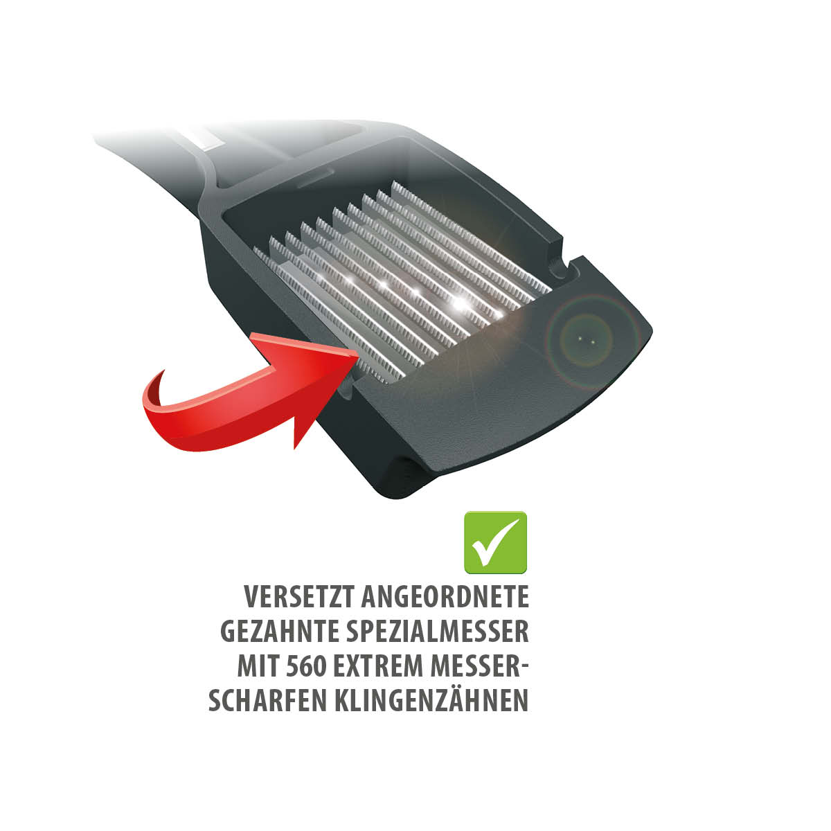 Spezialmesser mit 560 scharfen Klingen Detailansicht der versetzt angeordneten gezahnten Spezialmesser mit extrem scharfen Klingen für präzises Schneiden