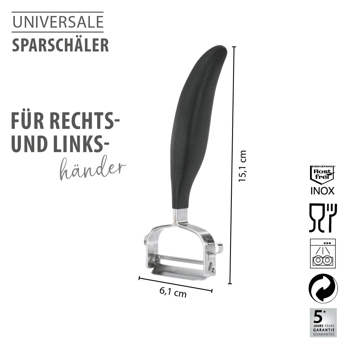 Universaler Sparschäler - Ideal für Links- und Rechtshänder Detailansicht eines universalen Sparschälers, geeignet für Links- und Rechtshänder, aus rostfreiem Edelstahl, 15,1 cm hoch und 6,1 cm breit.