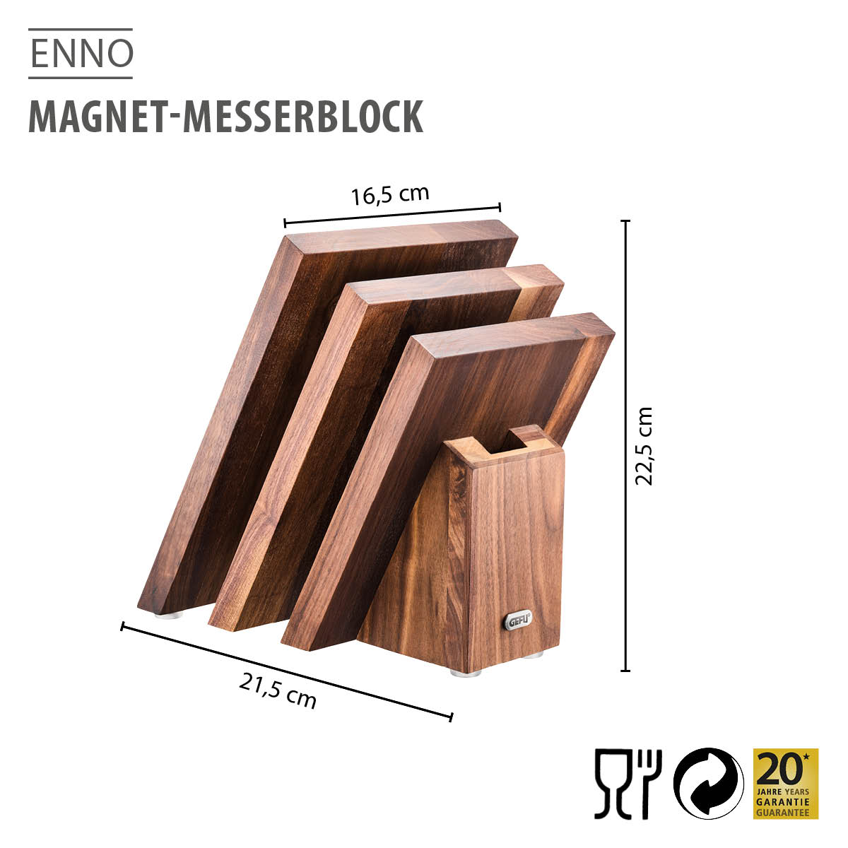 Moderner Magnet-Messerblock aus Holz mit den Maßen 21,5 cm Breite, 22,5 cm Höhe und 16,5 cm Tiefe, samt 20 Jahre Garantie-Label.
