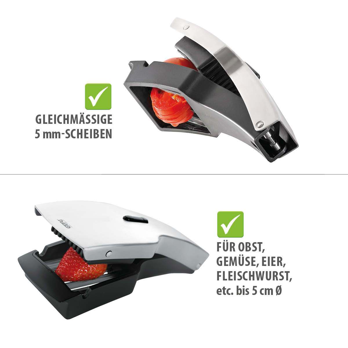 Hochwertiger Slicer für gleichmäßige 5 mm Scheiben - ideal für Obst und Gemüse Slicer zum Schneiden von Obst, Gemüse, Eiern und Fleischwurst in gleichmäßige 5 mm Scheiben mit einem Durchmesser bis 5 cm