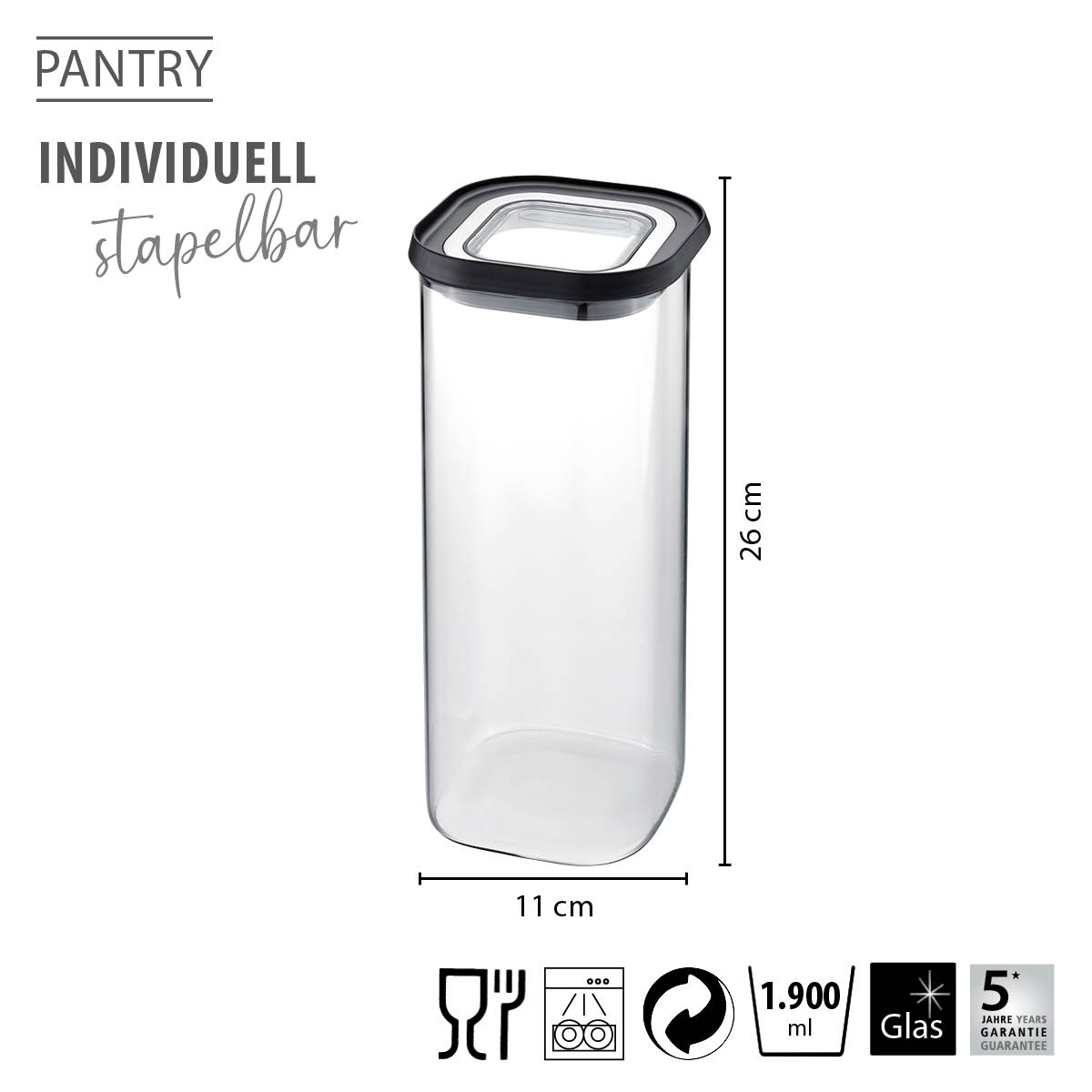 Stapelbares Glasgefäß Pantry, 1900 ml, 26 cm hoch Stapelbares Glasgefäß mit 1900 ml Fassungsvermögen, Höhe 26 cm, geeignet für die Küche