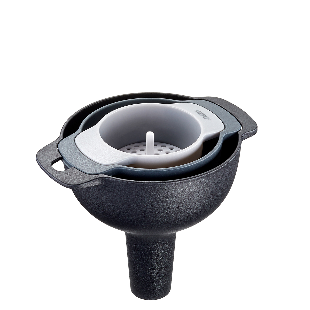 Multifunktionaler Küchenfilter und Trichter, stapelbar Ein stapelbarer Küchenfilter mit Trichteraufsatz in modernem Design, ideal für vielseitige Einsatzmöglichkeiten.