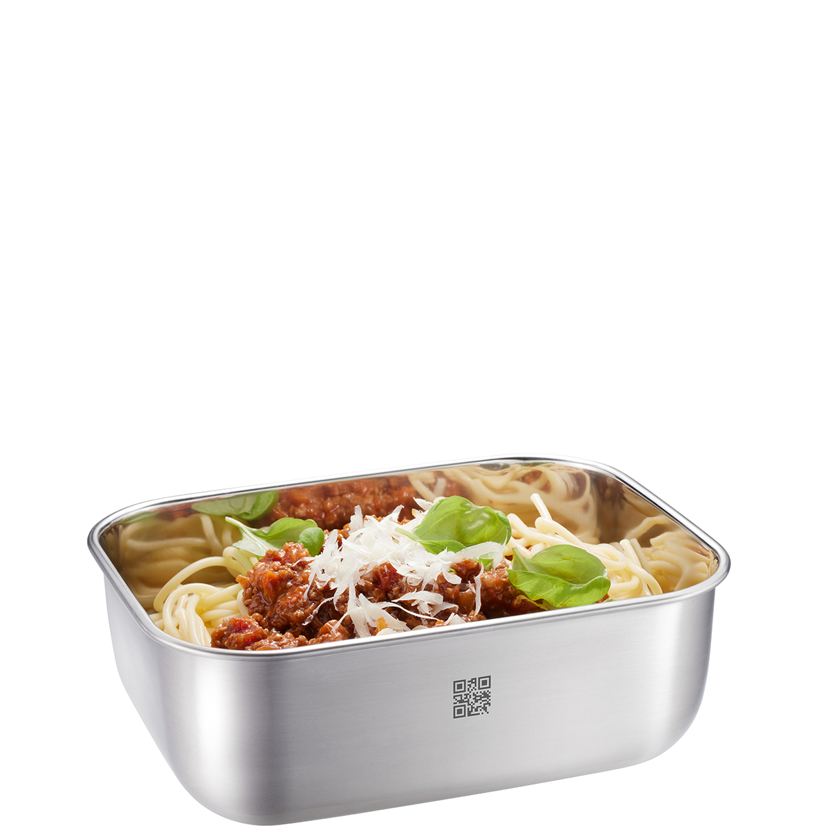 Edelstahl-Lunchbox mit Spaghetti Bolognese und Basilikumblättern Eine Edelstahl-Lunchbox gefüllt mit Spaghetti Bolognese, garniert mit Basilikumblättern und geriebenem Käse
