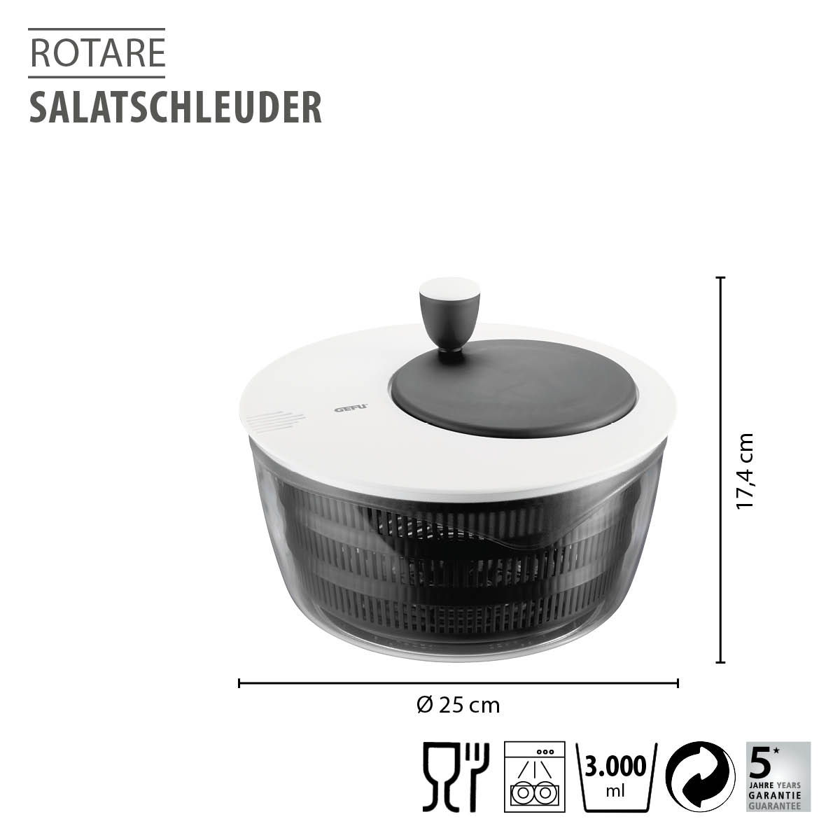 Rotare Salatschleuder mit 3 Liter Fassungsvermögen und 5 Jahren Garantie Salatschleuder Rotare, Durchmesser 25 cm, Höhe 17,4 cm, aus Kunststoff mit Deckel und Griff
