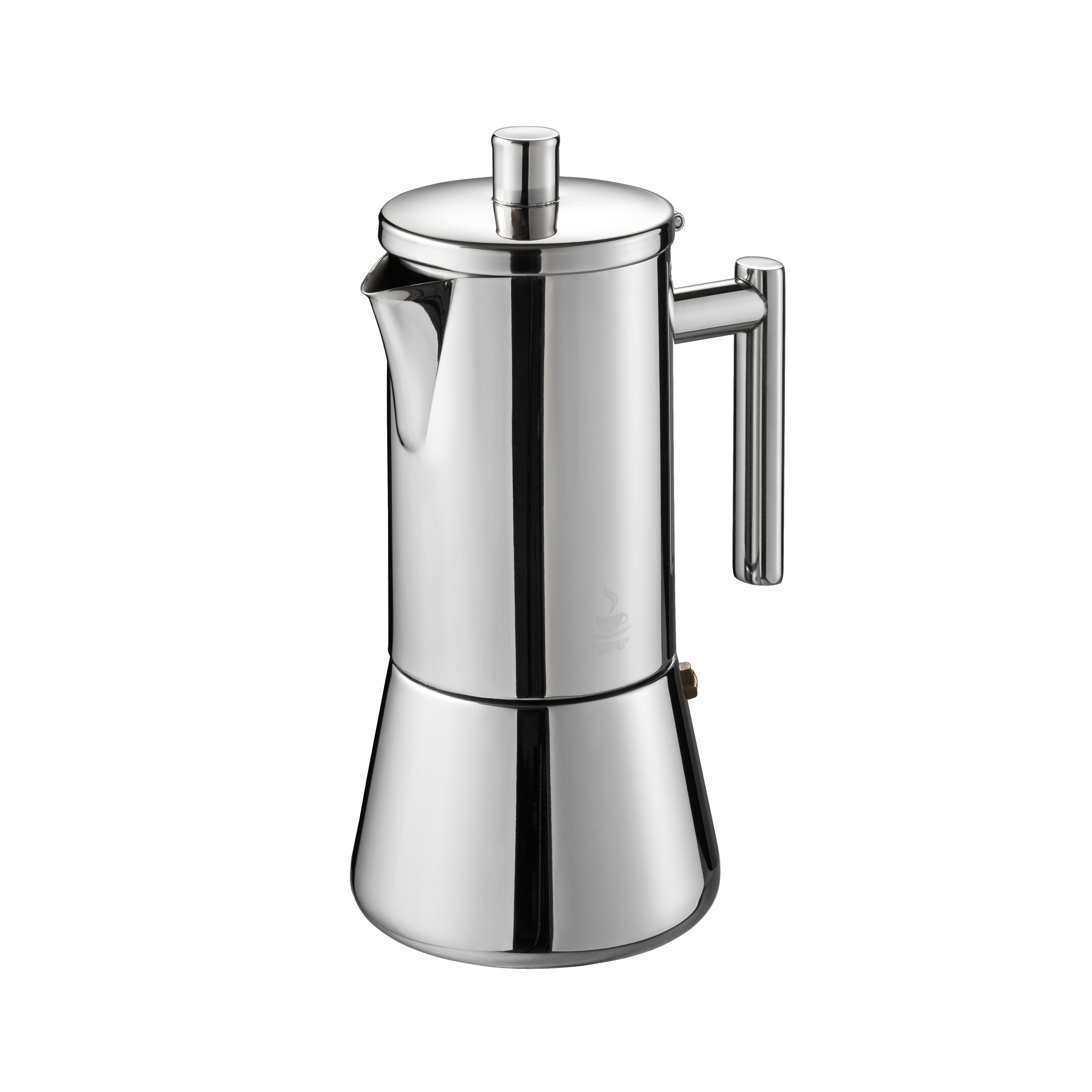 Elegante Edelstahl-Espressokocher mit modernem Design Moderner Espressokocher aus Edelstahl mit glänzendem Finish und ergonomischem Griff