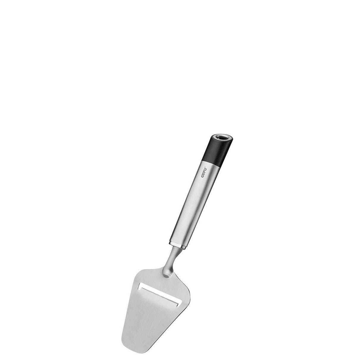 Eleganter Käseschneider aus Edelstahl mit ergonomischem Griff Ein Käseschneider aus Edelstahl mit schwarzem ergonomischem Griff, ideal zum mühelosen Schneiden von Käse.