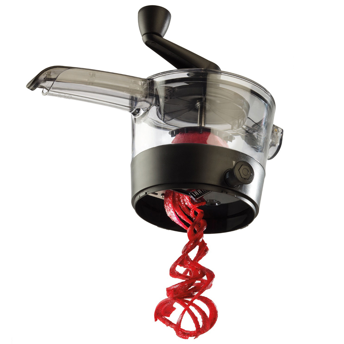 Manueller Spiralschneider für Gemüse und Obst Bild eines manuellen Spiralschneiders, der rote Gemüsestreifen schneidet