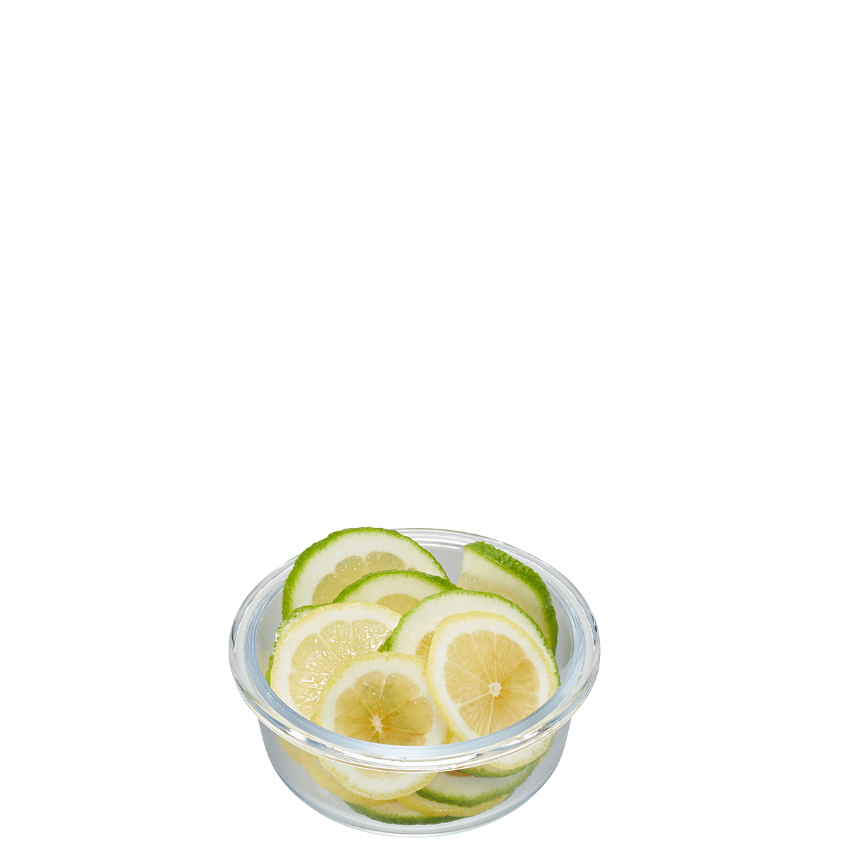 Frische Zitronenscheiben in einer Glasschale Eine Glasschale mit frisch geschnittenen Zitronenscheiben gefüllt