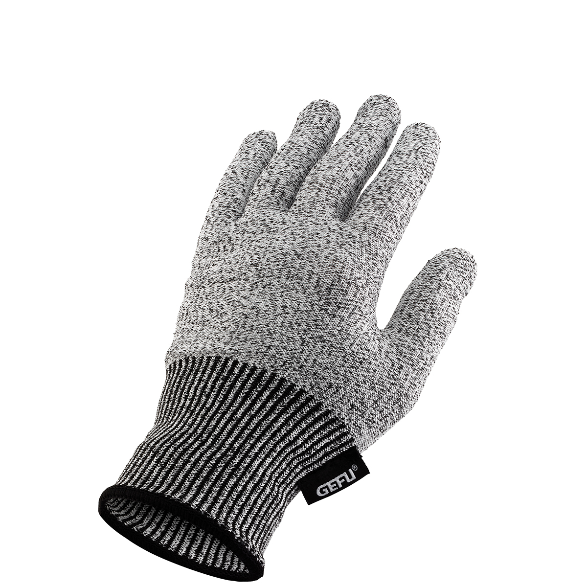 Schnittfester Handschuh für sicheren Halt beim Schneiden Grauer schnittfester Handschuh mit schwarzem Bündchen für Küchenarbeiten