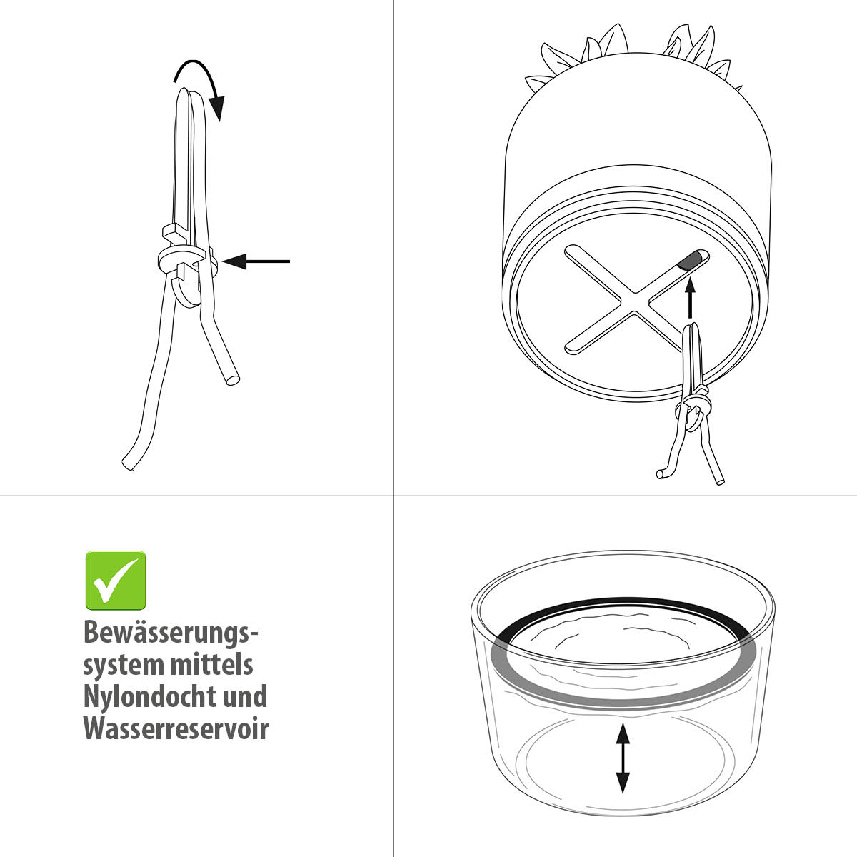 Illustration des Bewässerungssystems mit Nylondocht und Wasserreservoir Schritt-für-Schritt-Anleitung für das Bewässerungssystem mit Nylondocht und Wasserreservoir