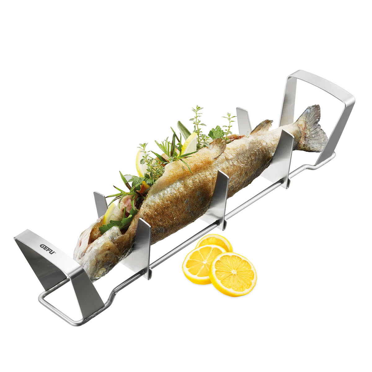 Grillgestell mit Fisch und Zitronenscheiben Ein Grillgestell aus Edelstahl mit einem zubereiteten Fisch und frischen Zitronenscheiben dekoriert.