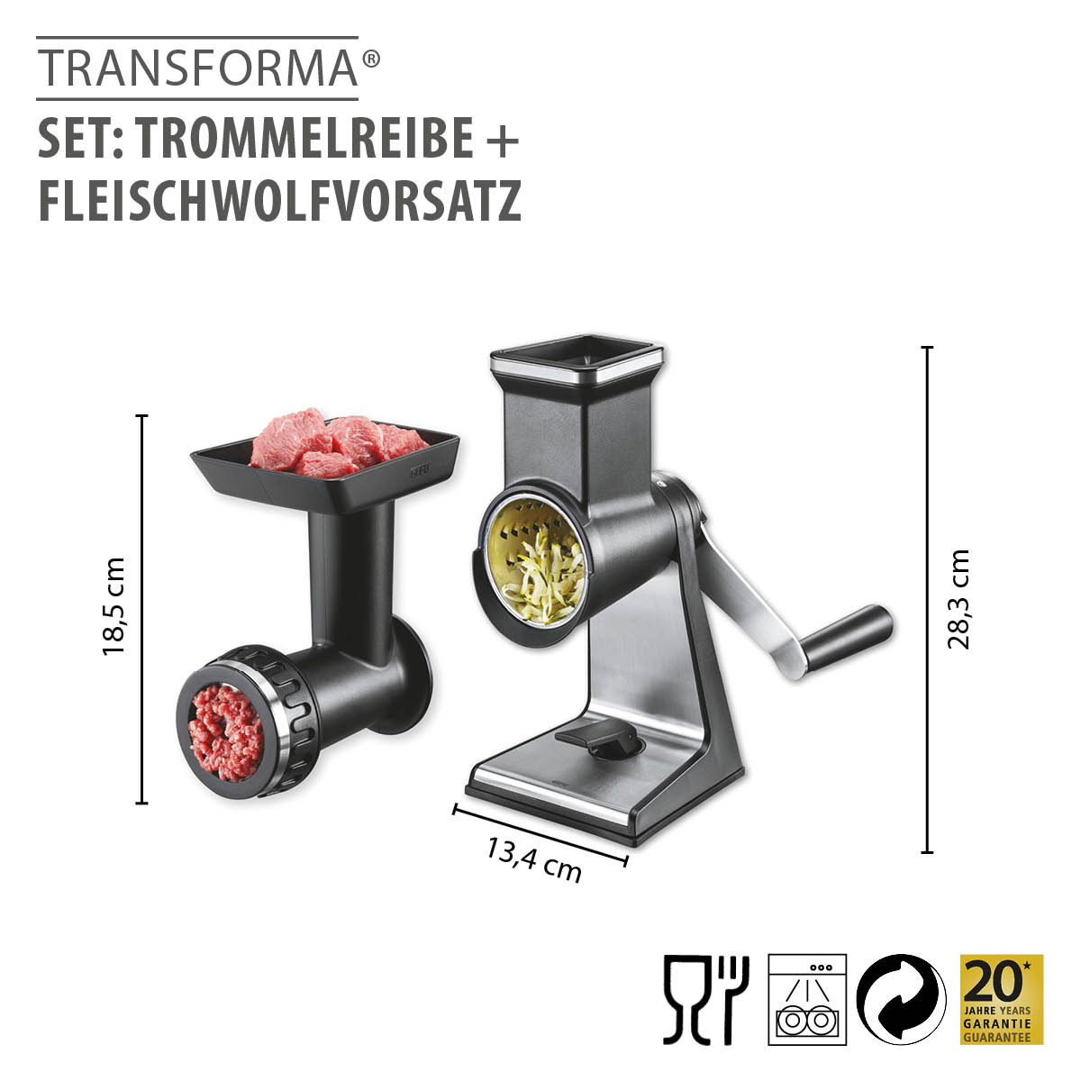 TRANSFORMA Set aus Trommelreibe und Fleischwolfvorsatz