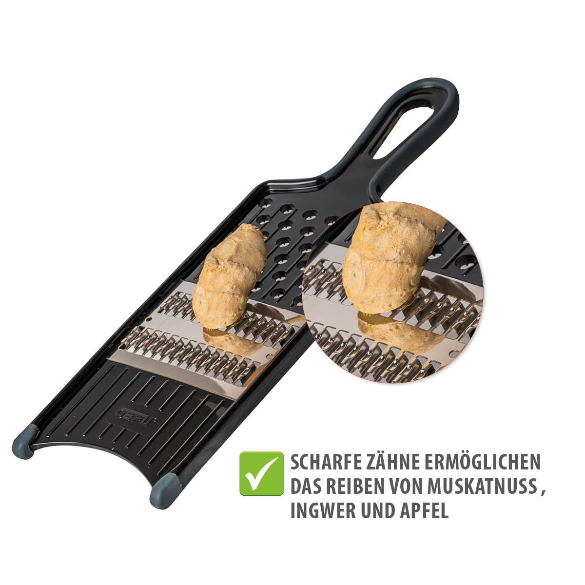 Küchenreibe mit scharfen Zähnen zum Reiben von Ingwer und Muskatnuss Schwarze Küchenreibe mit scharfen Zähnen, geeignet zum Reiben von Ingwer und Muskatnuss, mit ergonomischem Griff