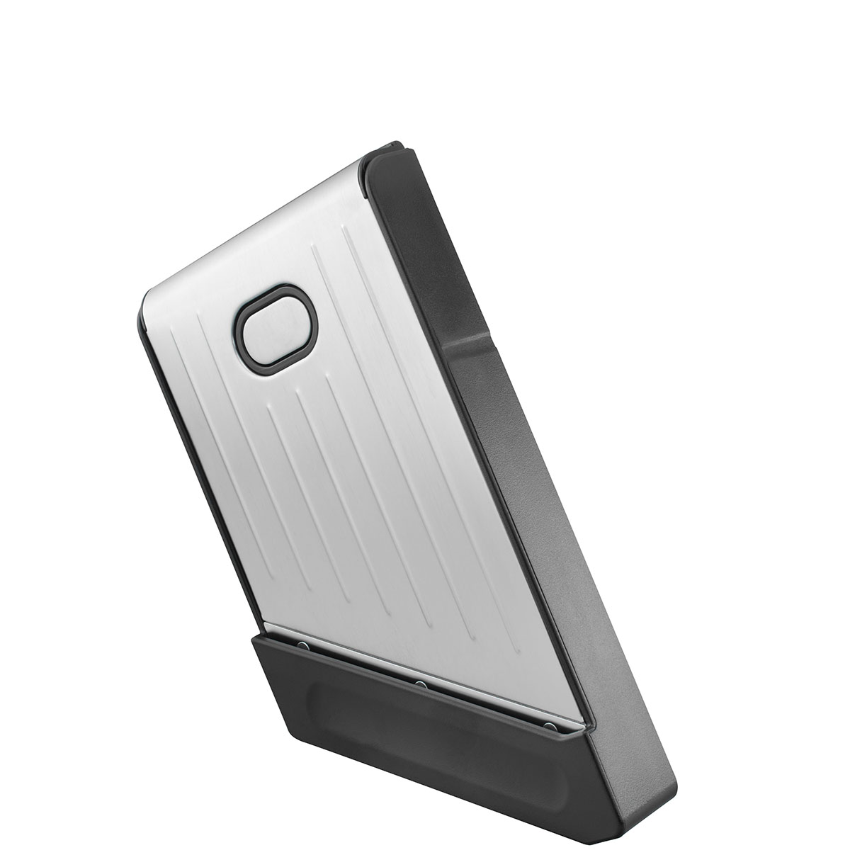 Elegante Metallhülle für moderne Smartphones Seitliche Ansicht einer modernen Handyhülle aus Metall mit geriffeltem Design