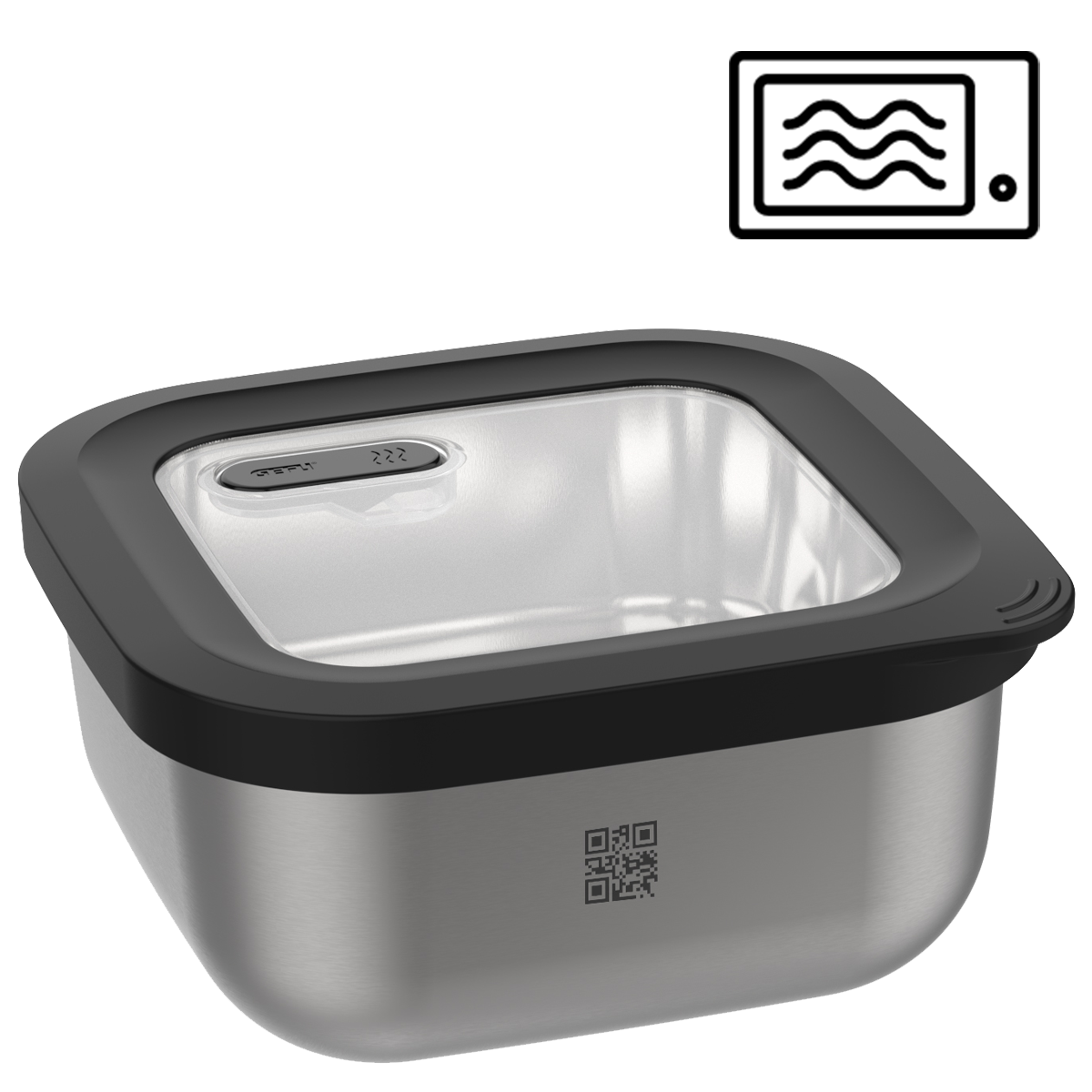 Edelstahl-Lunchbox mit luftdichtem Deckel, mikrowellengeeignet Edelstahl-Lunchbox mit schwarzem Deckel, QR-Code und Mikrowellensymbol