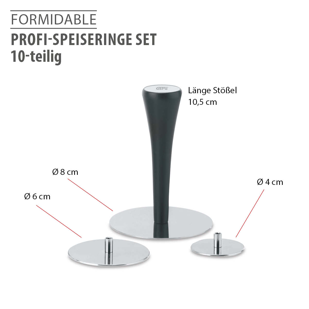 Formidable 10-teiliges Profi-Speiseringe Set mit unterschiedlichen Durchmessern und Stößel, ideal für kreatives Anrichten von Speisen.