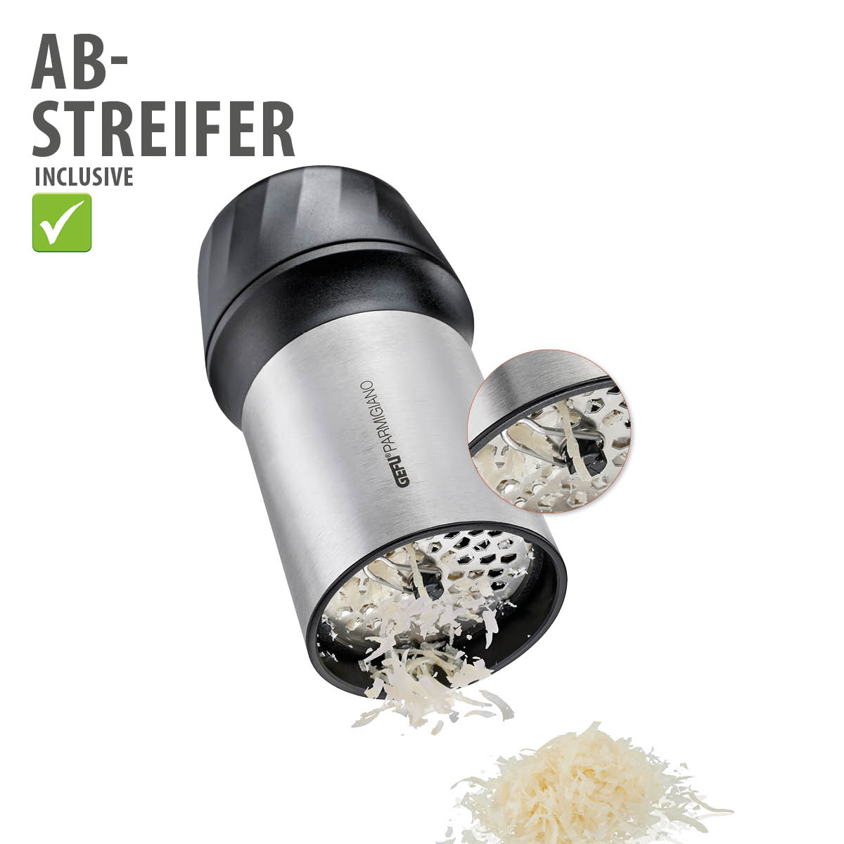 Käsereibe mit Abstreifer inklusive – Ideal für feinen Parmesan Käsereibe mit Abstreifer für Parmesan, Edelstahl, mit Käseresten und eingebautem Abstreifer