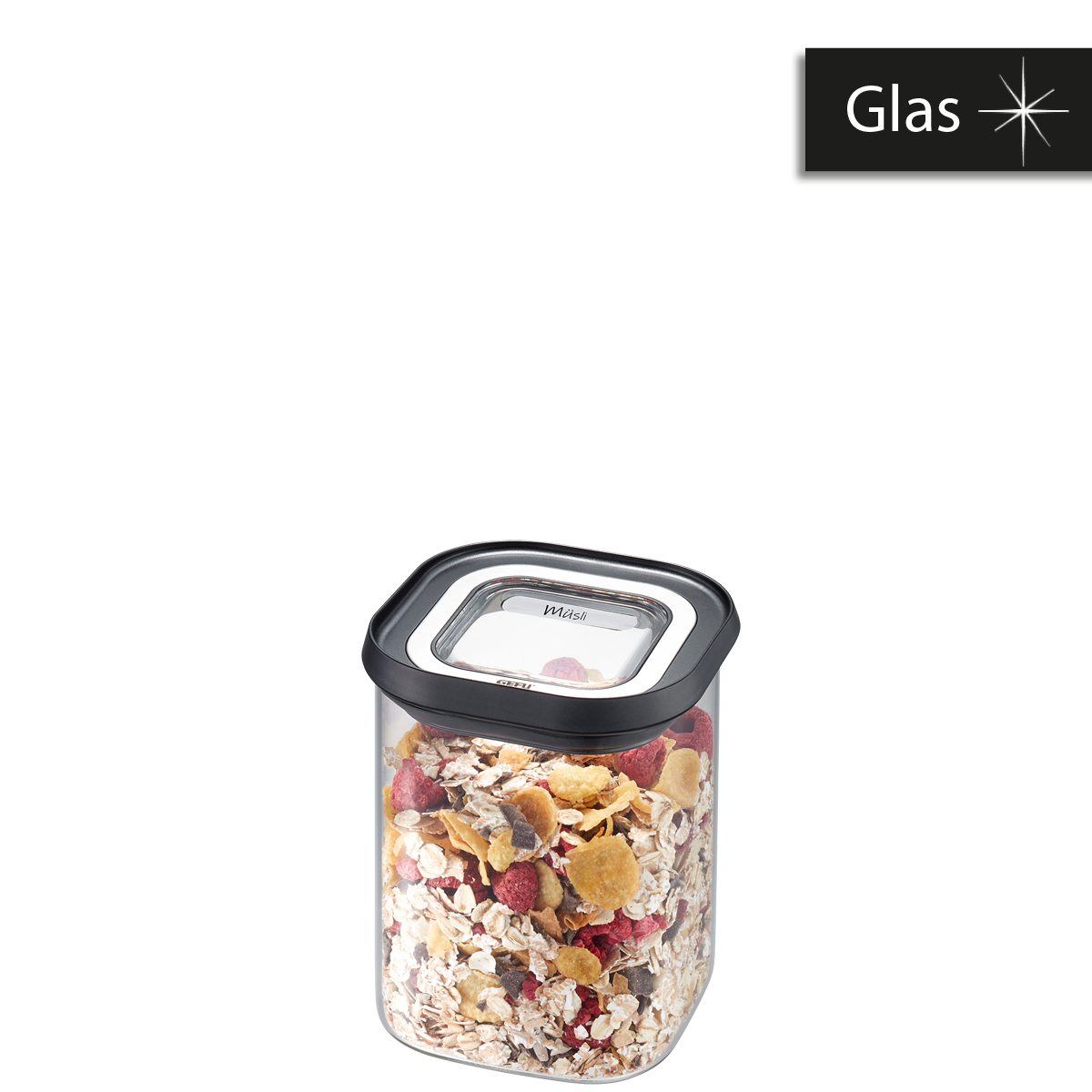 Vorratsglas mit Deckel, ideal für Müsli und trockene Lebensmittel Vorratsglas gefüllt mit Müsli, schwarzer Deckel, geeignet für die Aufbewahrung von trockenen Lebensmitteln