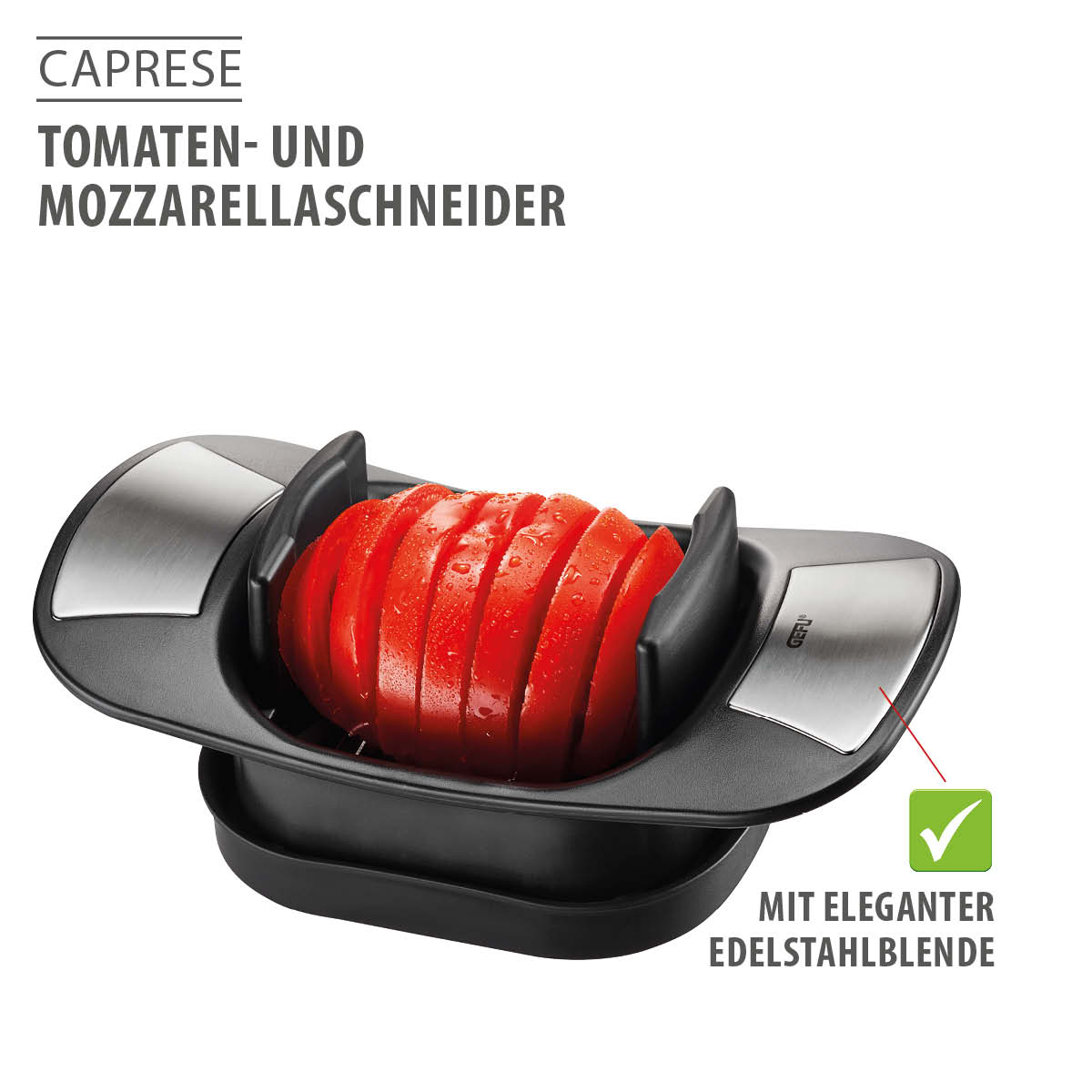 Tomaten- und Mozzarellaschneider mit Edelstahlblende, ideal für gleichmäßige Scheiben