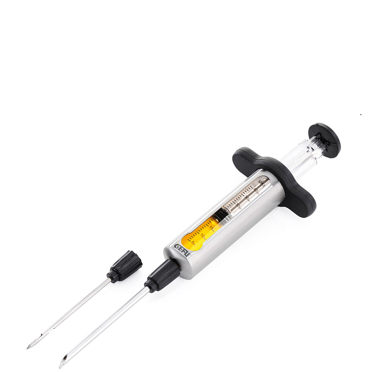 Marinaden-Injektor mit Edelstahl-Nadel, ideal zum Würzen von Fleisch Ein Marinaden-Injektor mit transparenter Kammer und Edelstahl-Nadel, verwendet zum Aromatisieren von Fleisch