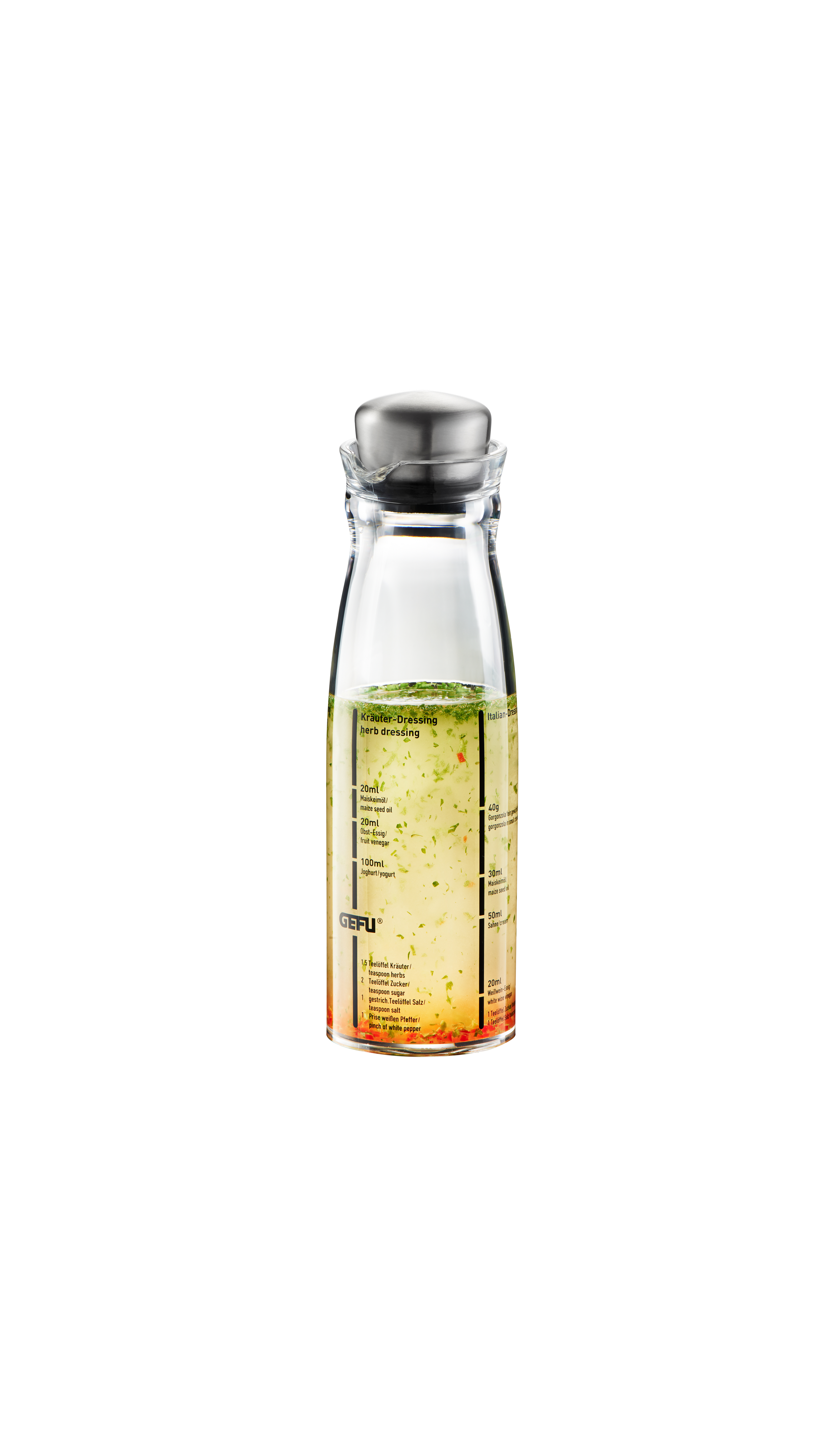 Glasflasche von Gefu mit Messskala und Edelstahlverschluss, ideal zum Mixen von Kräuterdressings