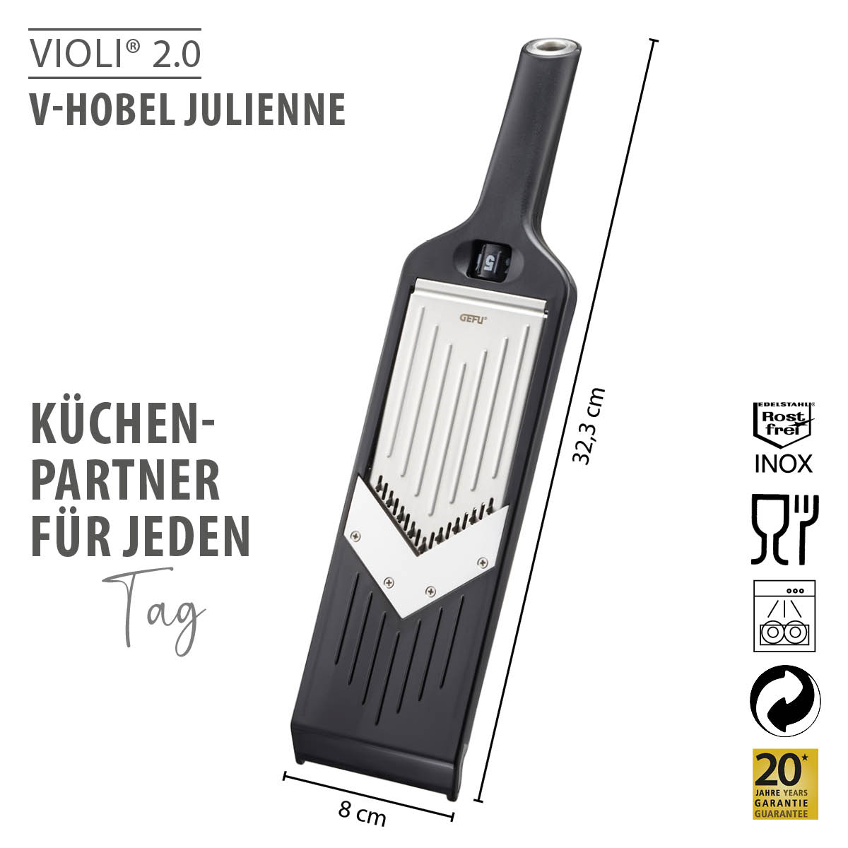 Der GEFU VIOLI® 2.0 V-Hobel Julienne mit Edelstahlklingen, ideal zum Schneiden von Juliennestreifen in der Küche.