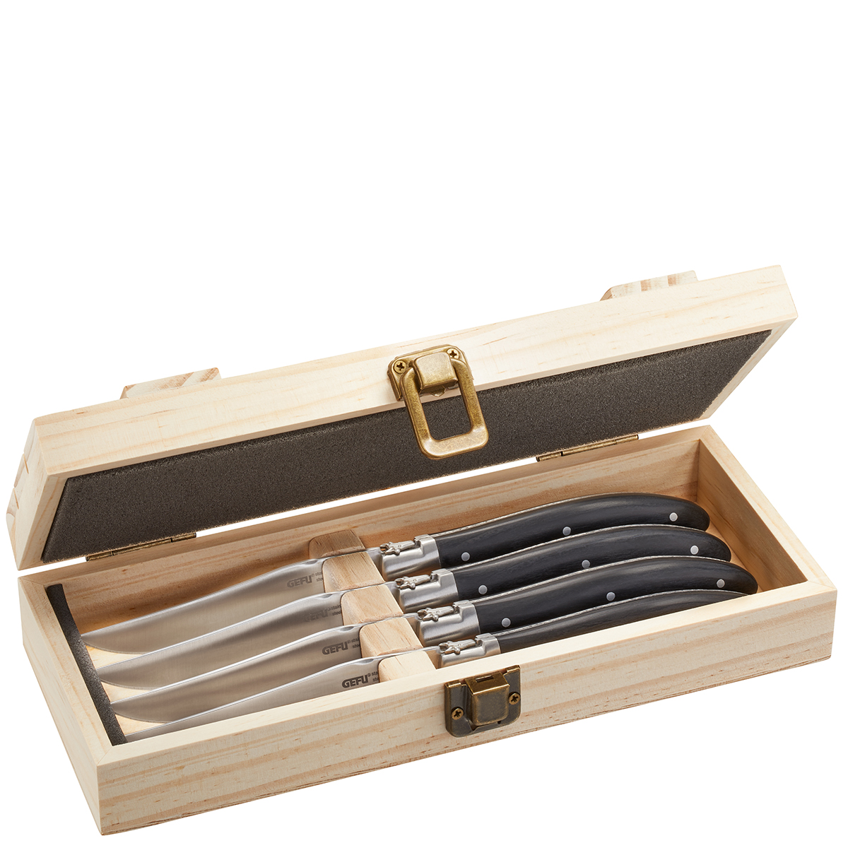 Edles Steakmesser-Set in Holzkiste, 6-teilig Offene Holzkiste mit sechs hochwertigen Steakmessern mit dunklen Griffen