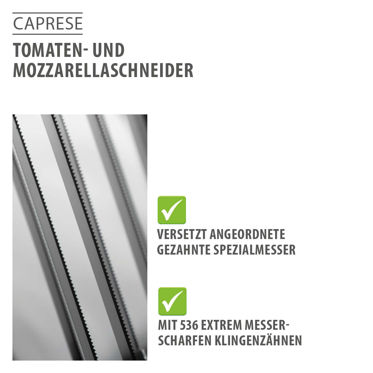 Nahaufnahme der gezahnten Klingen des Caprese Tomaten- und Mozzarellaschneiders