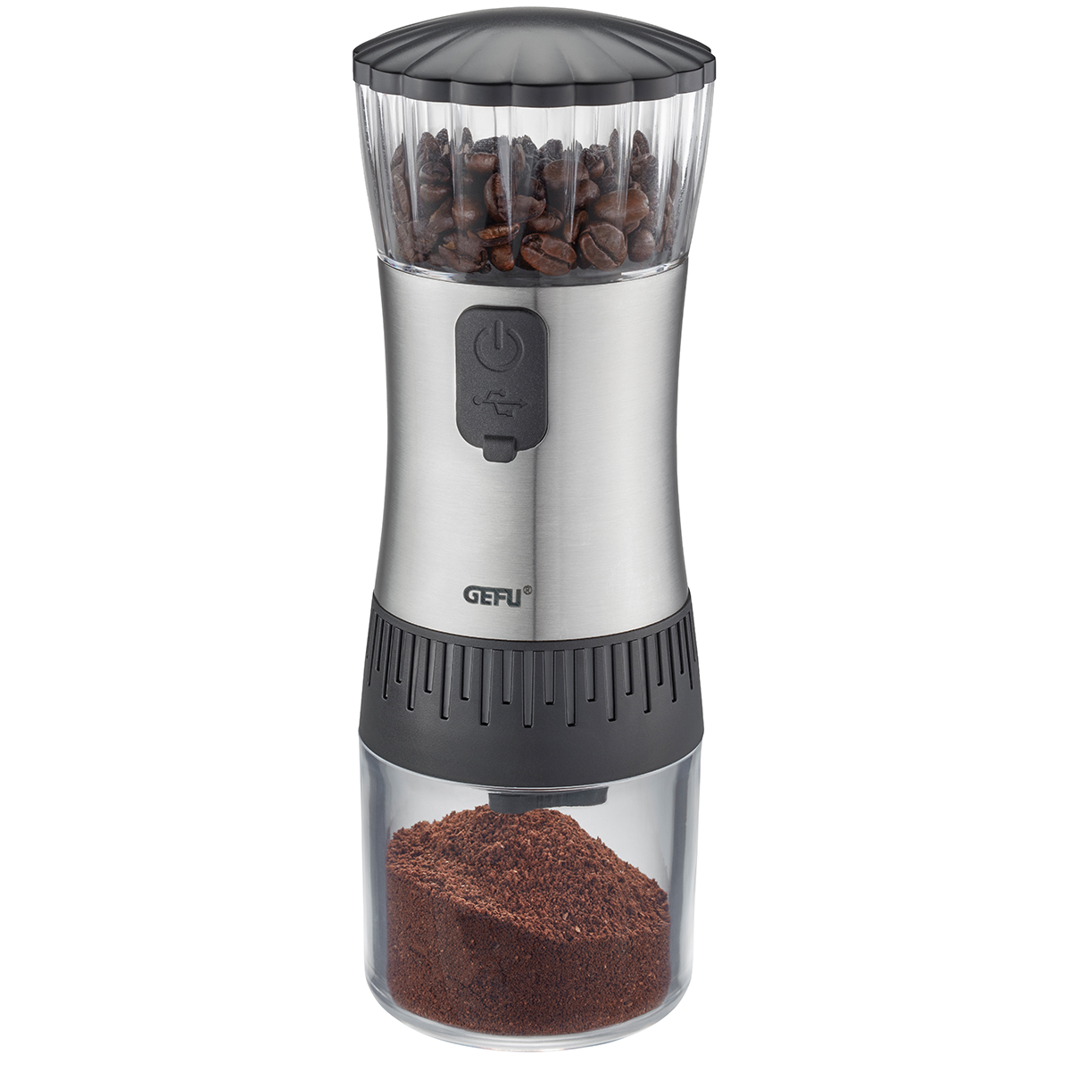 Elektrische Kaffeemühle mit Edelstahlgehäuse und Kaffeebohnenbehälter Elektrische Kaffeemühle aus Edelstahl mit Kaffeebohnen und gemahlenem Kaffee im Behälter