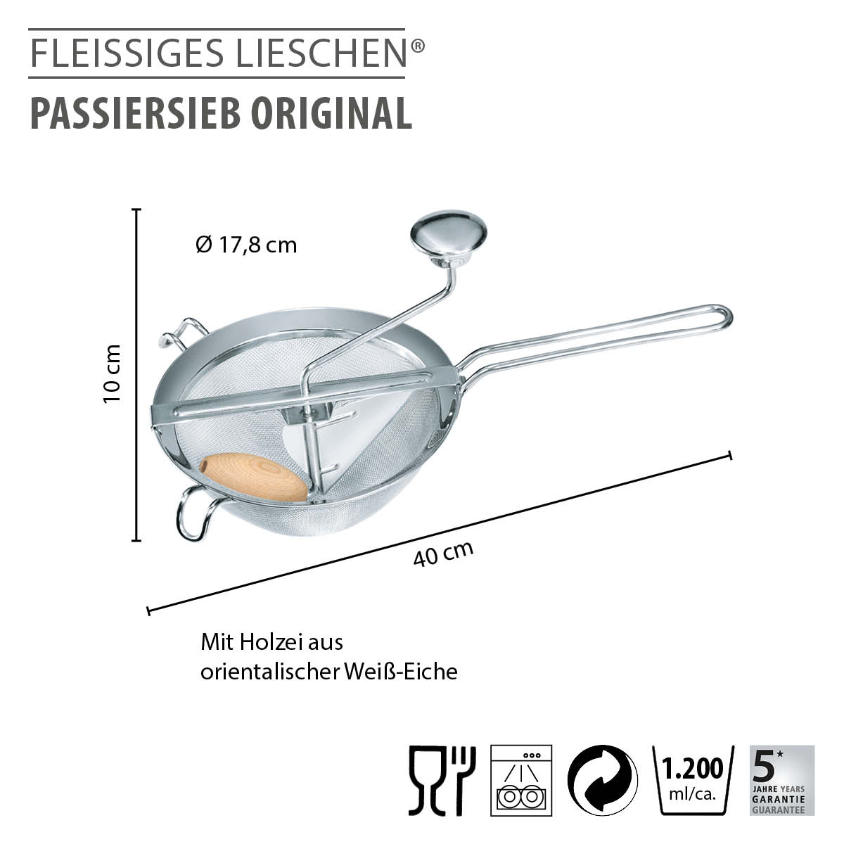 Fleißiges Lieschen Passiersieb Original, Größe 17,8 cm x 10 cm, mit Holzei aus orientalischer Weiß-Eiche, 40 cm Länge