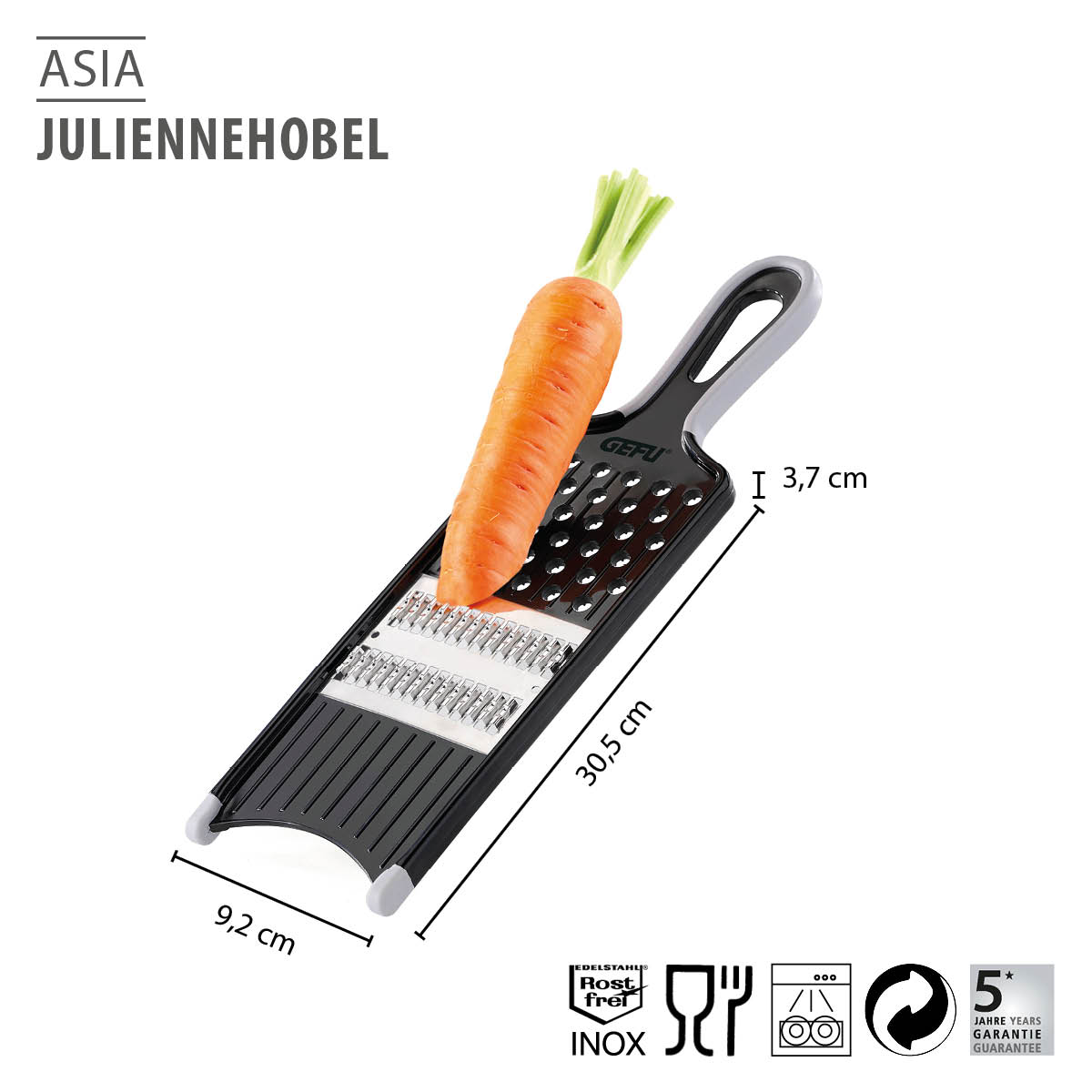Asia Juliennehobel aus Edelstahl mit Karotte Asia Juliennehobel, ideal zum Schneiden von Gemüse, aus rostfreiem Edelstahl, Größe 30,5 x 9,2 x 3,7 cm, mit Garantie-Symbolen, Karotte auf der Klinge