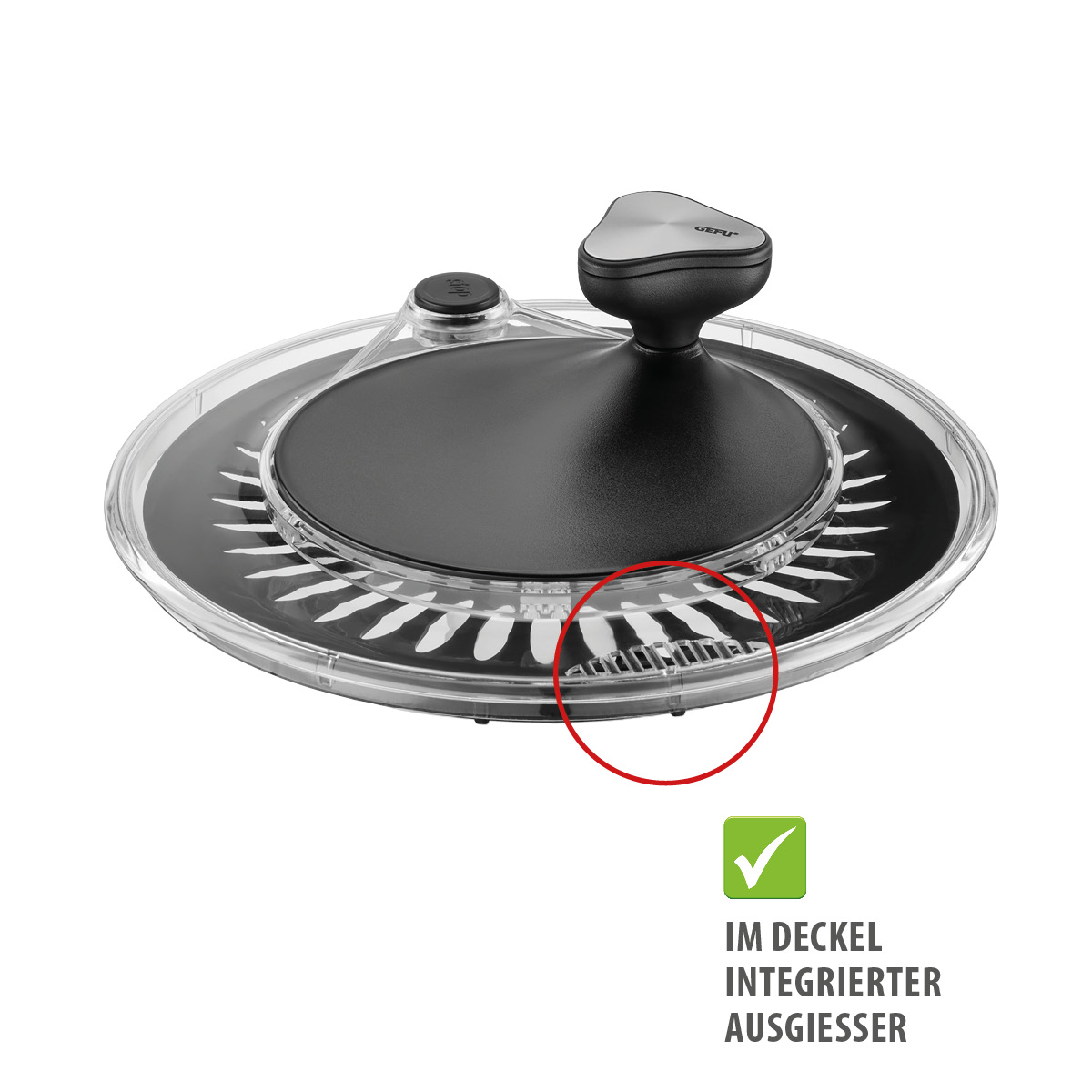 Deckel der GEFU Salatschleuder mit integriertem Ausgießer