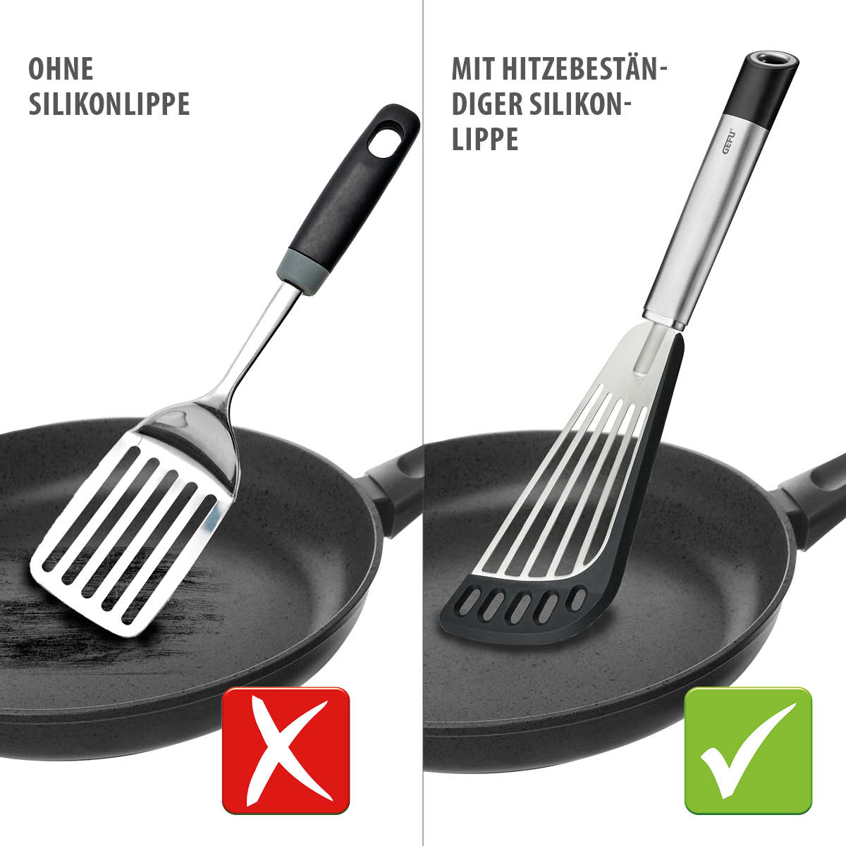Pfannenwender mit hitzebeständiger Silikonlippe im Vergleich Vergleich von zwei Pfannenwendern: Links ohne Silikonlippe, rechts mit hitzebeständiger Silikonlippe.