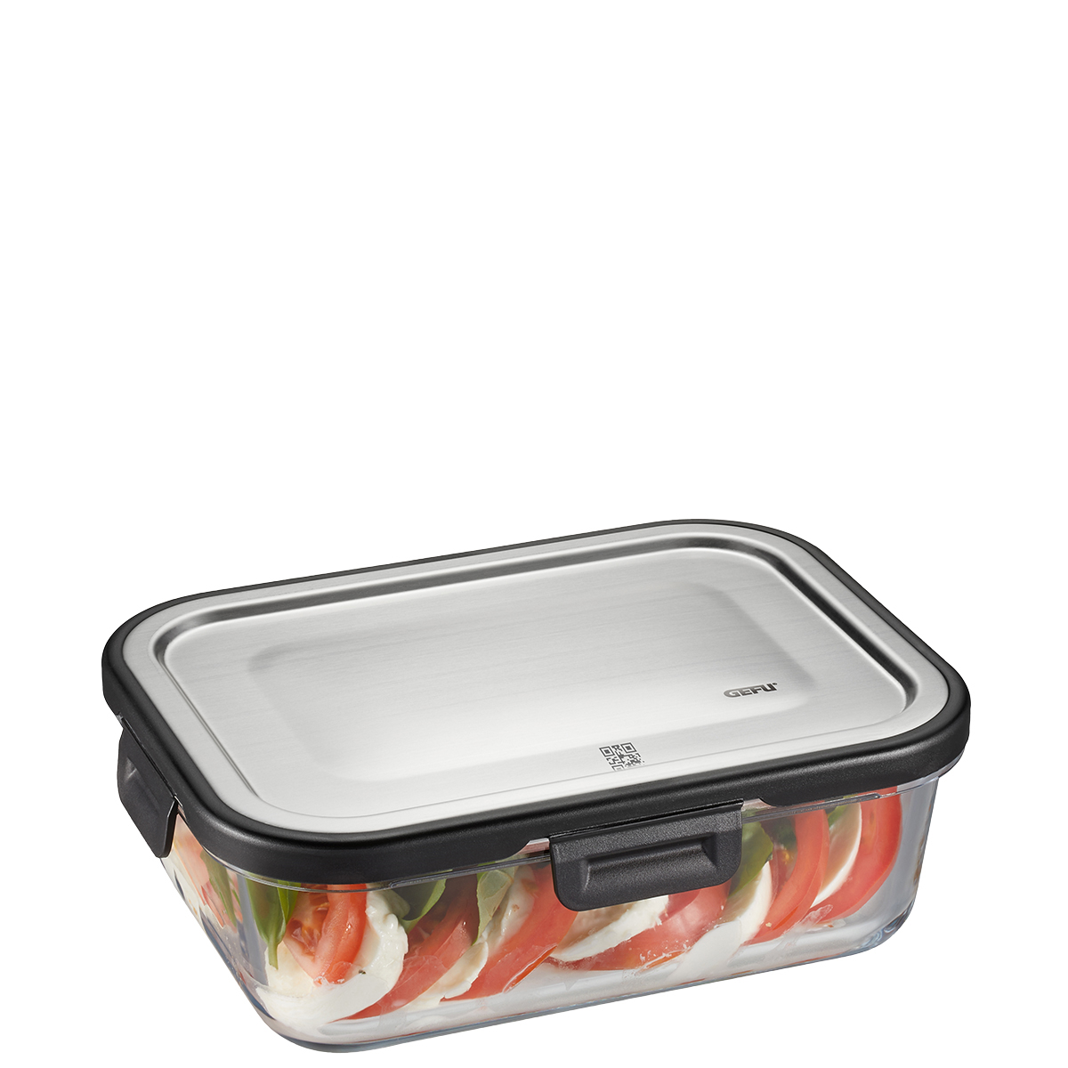 Vorratsdose mit Edelstahl-Deckel - Ideal für frische Lebensmittel Rechteckige Vorratsdose mit transparentem Boden und silbernem Edelstahl-Deckel, gefüllt mit frischen Tomaten und Mozzarella, ideal zur Aufbewahrung und Frischhaltung von Lebensmitteln.