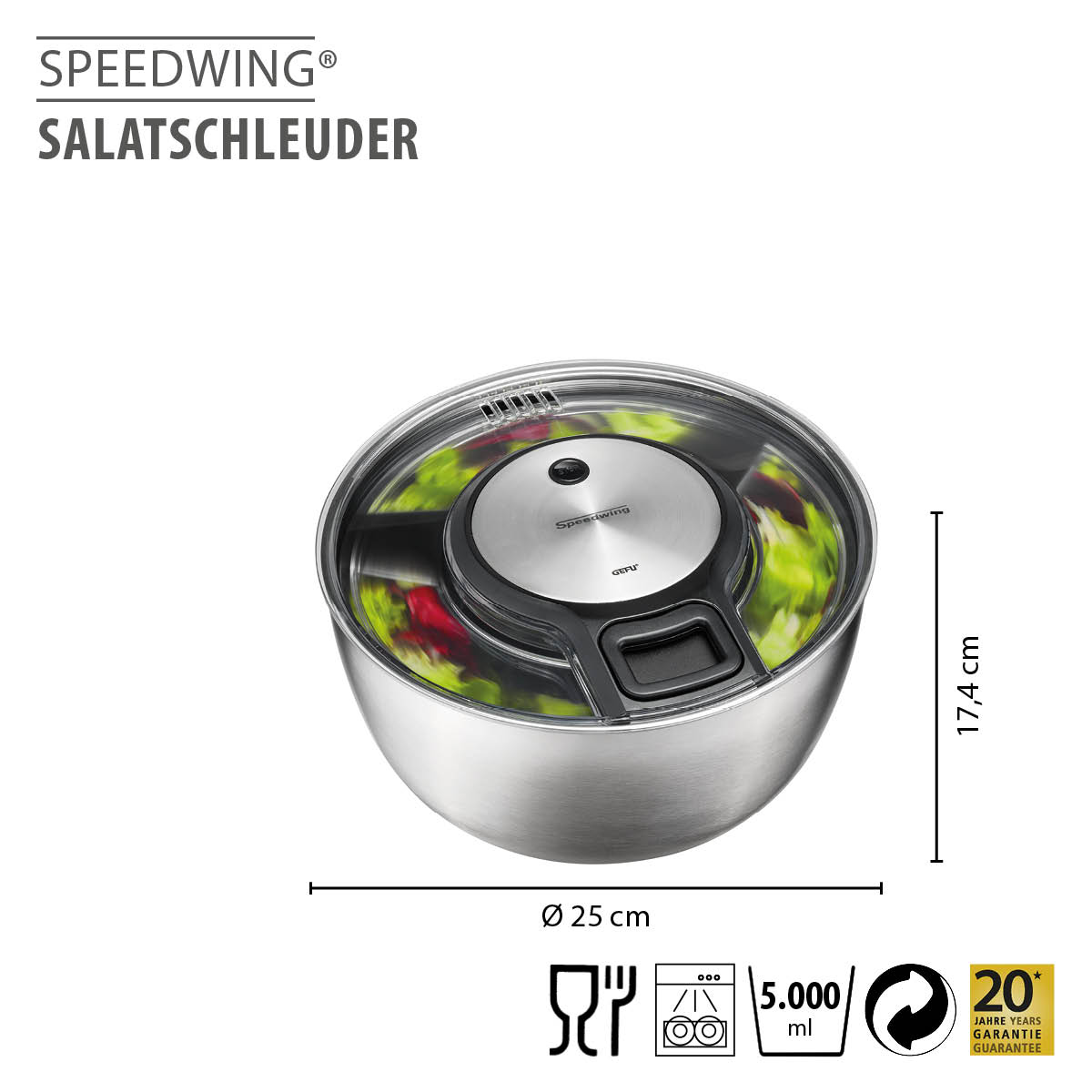 Speedwing Salatschleuder aus Edelstahl mit 5 Liter Kapazität, Ø 25 cm - Effiziente Trocknung von Salat Speedwing Salatschleuder aus Edelstahl, 5 Liter Fassungsvermögen, 25 cm Durchmesser, ideal für frischen Salat