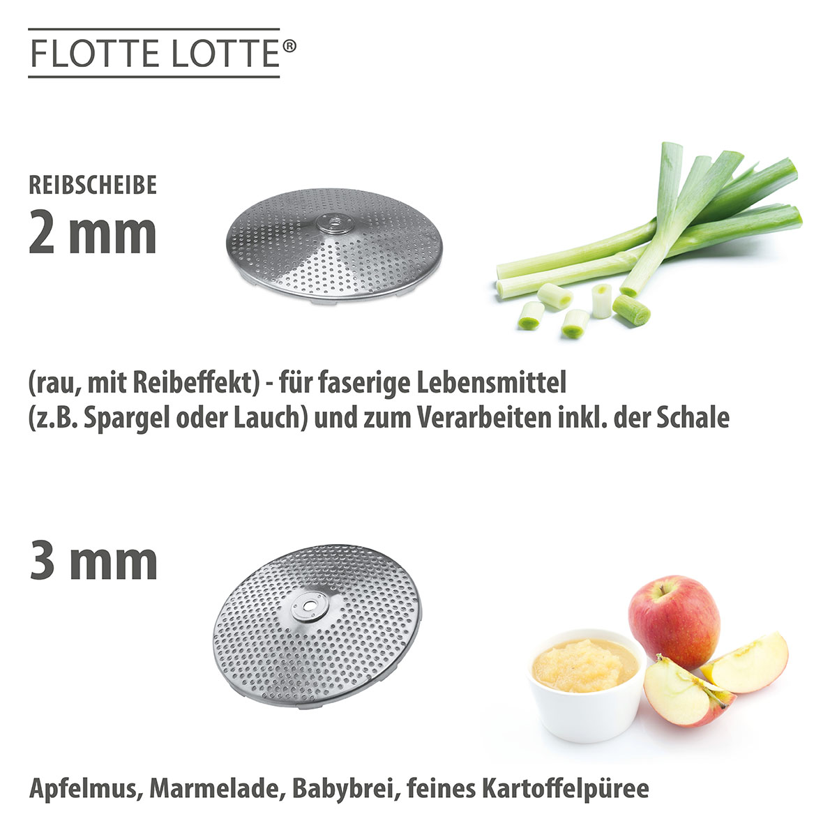 Flotte Lotte Reibscheiben 2 mm und 3 mm - Für faserige Lebensmittel und feine Pürees Zwei Reibscheiben von Flotte Lotte: 2 mm für faserige Produkte wie Spargel, 3 mm für Pürees wie Apfelmus, geeignet für vielseitige Verarbeitung.