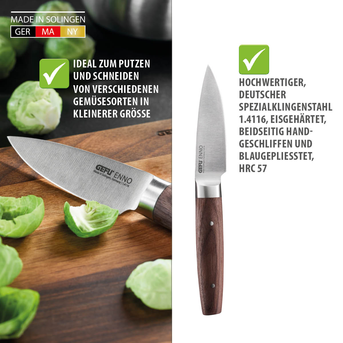 Küchenmesser aus deutschem Spezialstahl 1.4116, perfekt für Gemüse Küchenmesser ideal für das Putzen und Schneiden kleinerer Gemüsesorten, hergestellt in Solingen, aus hochwertigem, eisgehärtetem Spezialstahl 1.4116, handgeschliffen und blaugepliesstet, HRC 57.